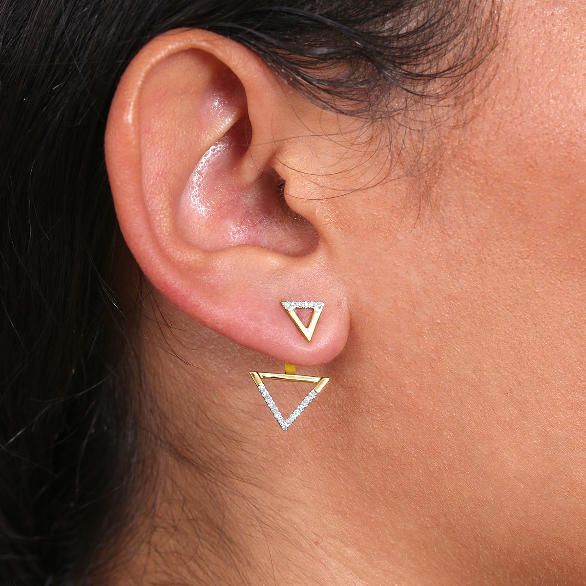 14k White Gold Double Diamond Triangle Ear Jacket & Stud Set - Dainty Earrings for Women, Perfect for Weddings, Parties & Everyday Wear