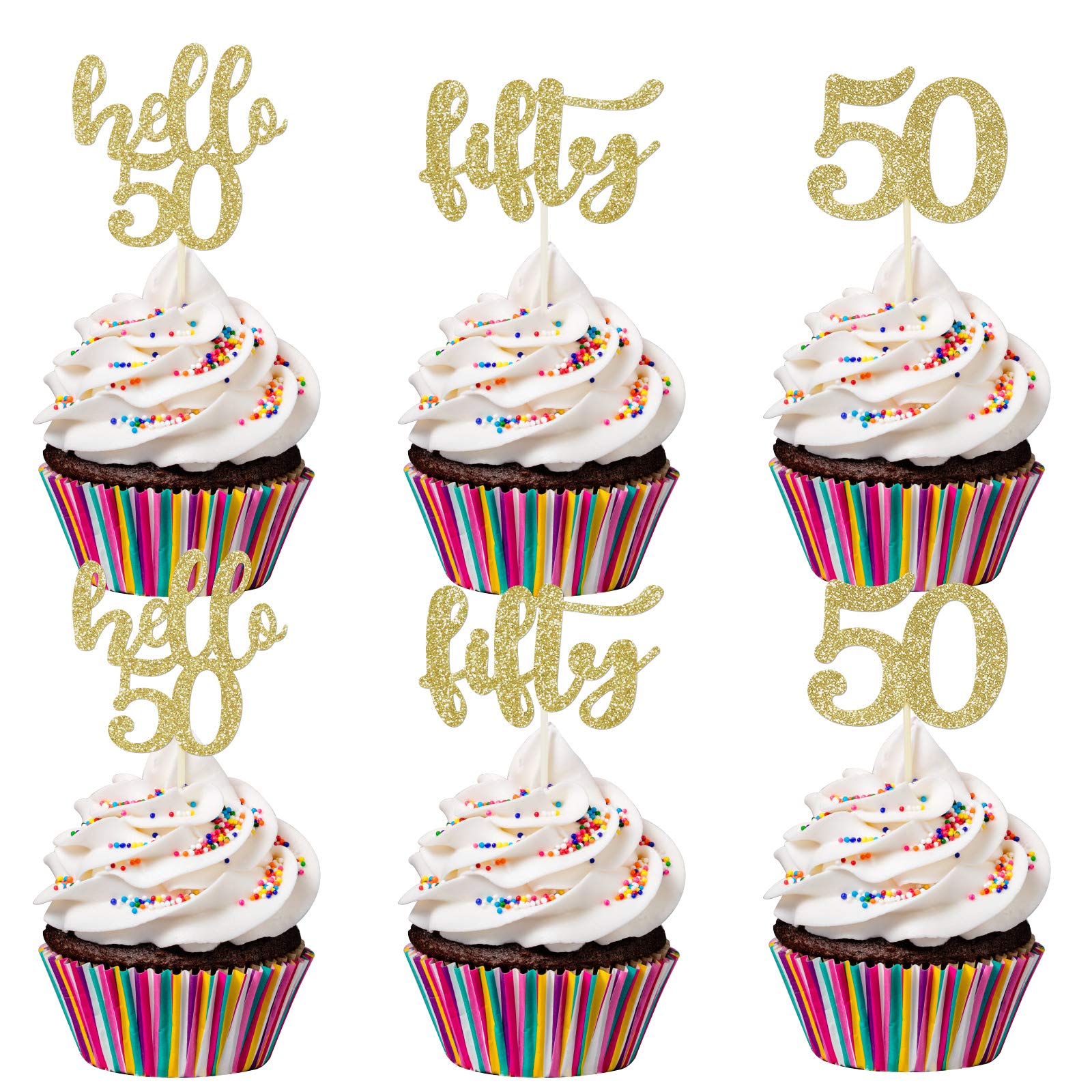50th Birthday Cupcake Toppers - 24Pcs Gold Glitter Hello 50 Cupcake Decorations for Women & Men - Perfect for 50th Birthday Parties, Anniversary Celebrations & Retirement Cakes