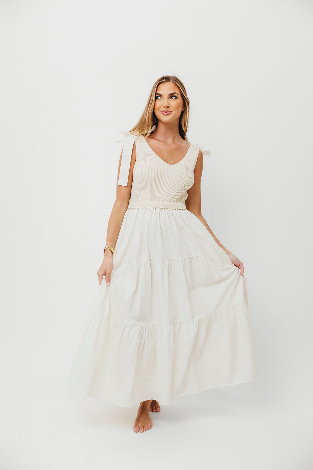 Gretchen Women's 100% Cotton Knitted Sleeveless Tiered Maxi Dress in Cream | Summer Beach Dress, Casual Boho Dress for Vacation, Party & Everyday Wear