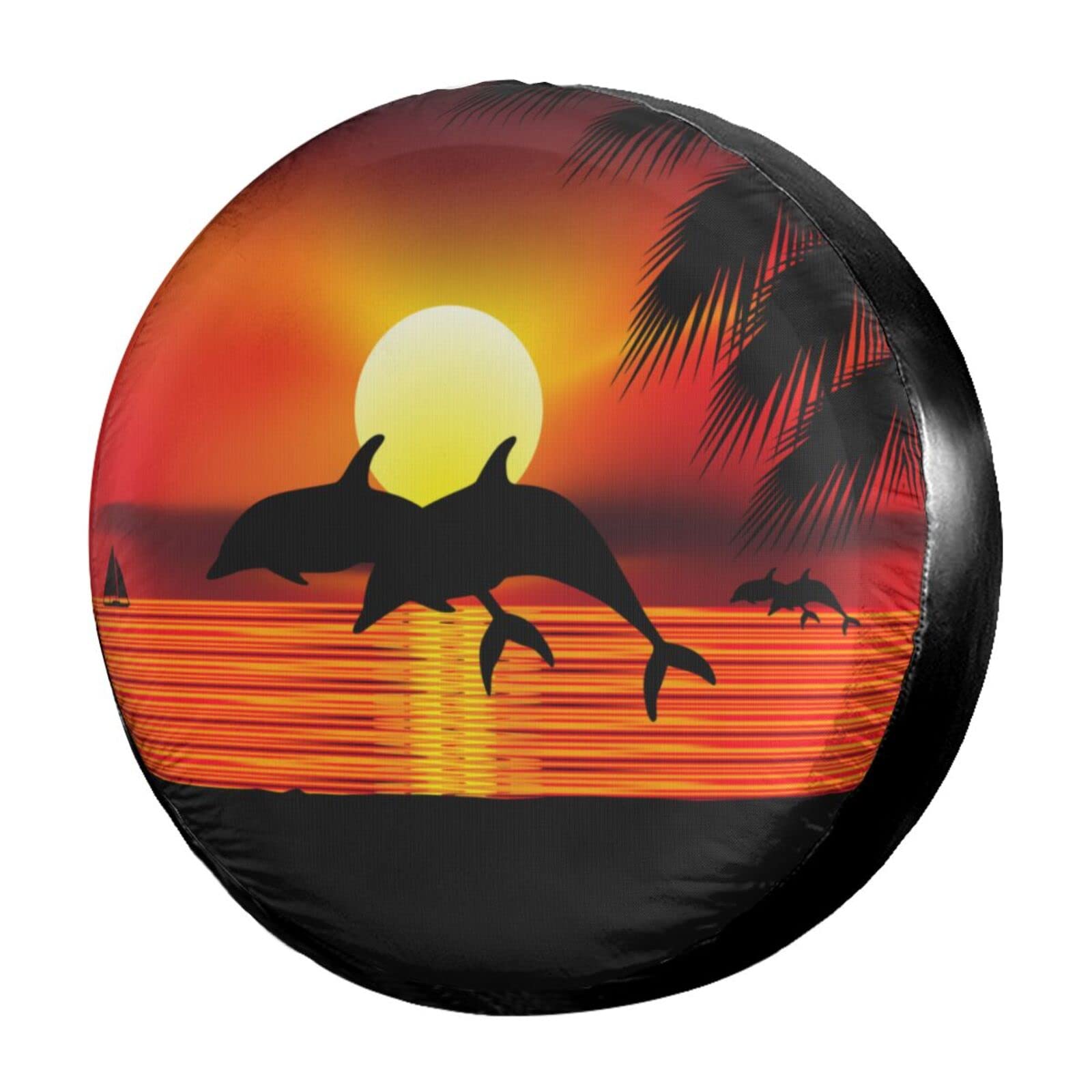 Waterproof 14 Inch Spare Tire Cover with Sunset Ocean Dolphins & Palm Leaves Design - Dust-Proof Wheel Protector for Trailers, RVs, SUVs & Most Vehicles | Perfect for Road Trips & Outdoor Adventures