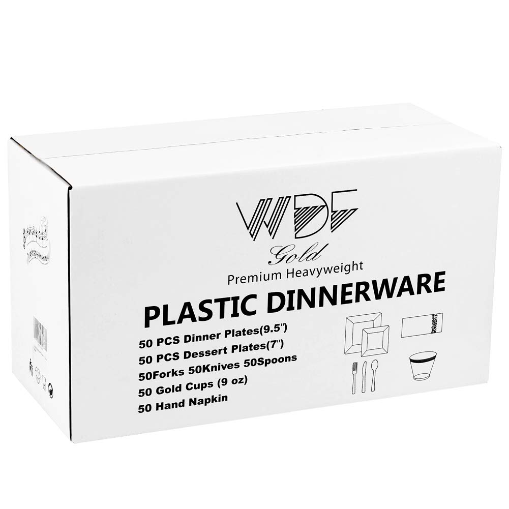 50-Pack Gold Plastic Plates with Disposable Cutlery & Cups - Square Disposable Dinnerware Set with Napkins for Wedding, Party & Events - Elegant Tableware for Bridal Showers, Baby Showers & Banquets