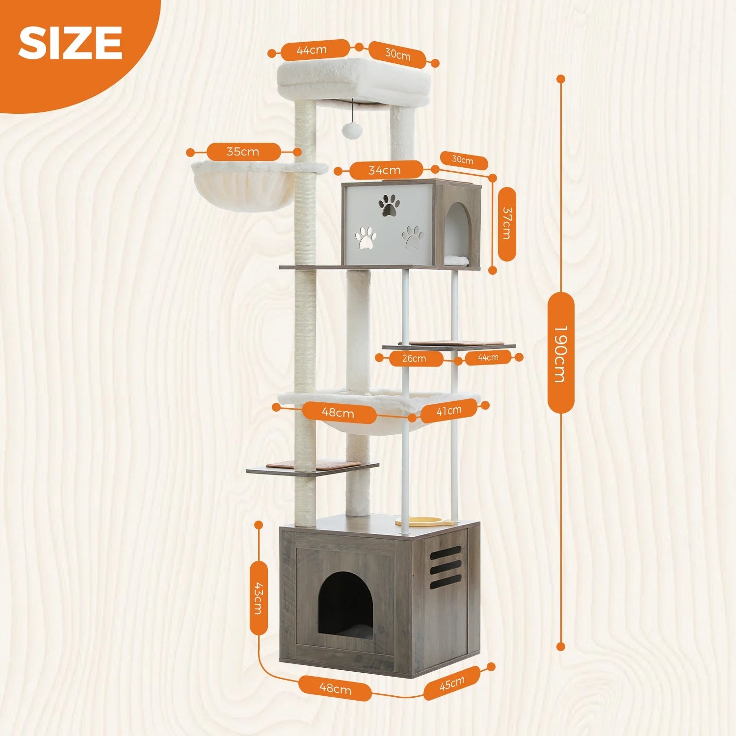 190cm Tall Wooden Cat Tree Tower with Feeding Bowls - Grey - Multi-Level Cat Climbing Furniture for Indoor Cats, Play & Rest Perch for Kittens & Adult Cats