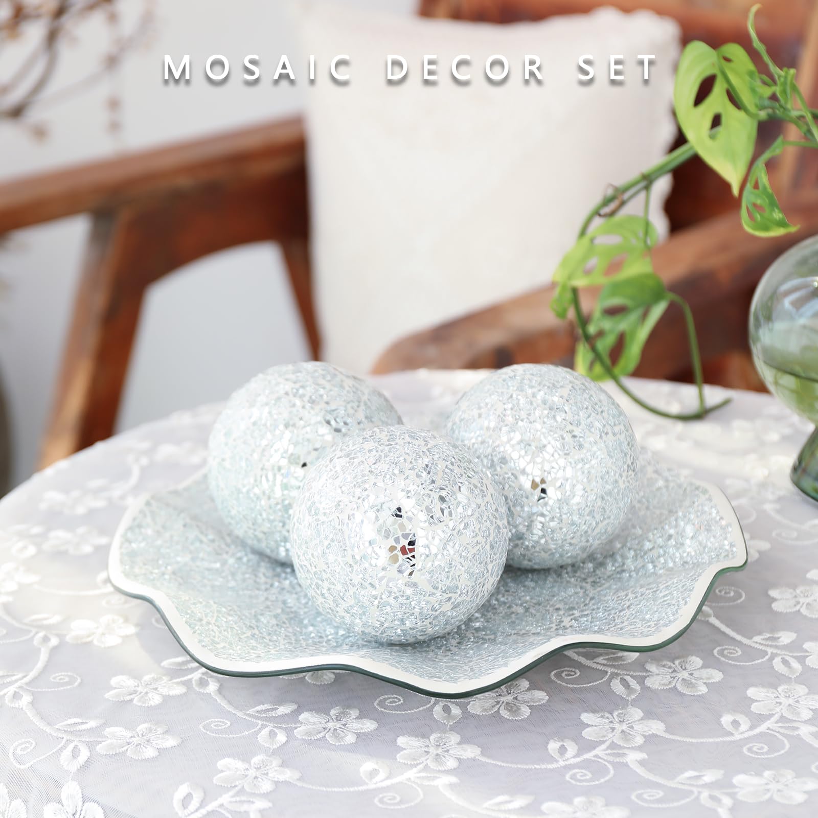 VCUTEKA 4 Inch Decorative Mosaic Glass Balls with Silver Bowl - Elegant Home Decor Centerpiece for Coffee Table, Wedding Party, Holiday Display | Perfect for Living Room, Dining Table, and Event Decorations