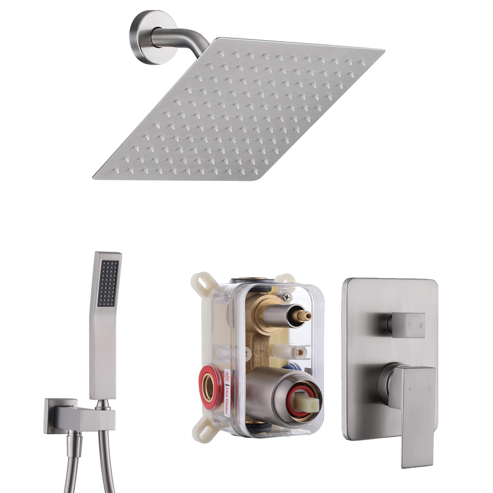Luxury 10 Inch Rainfall Shower Head System with Hand Shower - Brushed Nickel Wall Mounted Bathroom Faucet Set & Angle Arm - Perfect for Modern Bathroom Renovation and Spa-Like Shower Experience