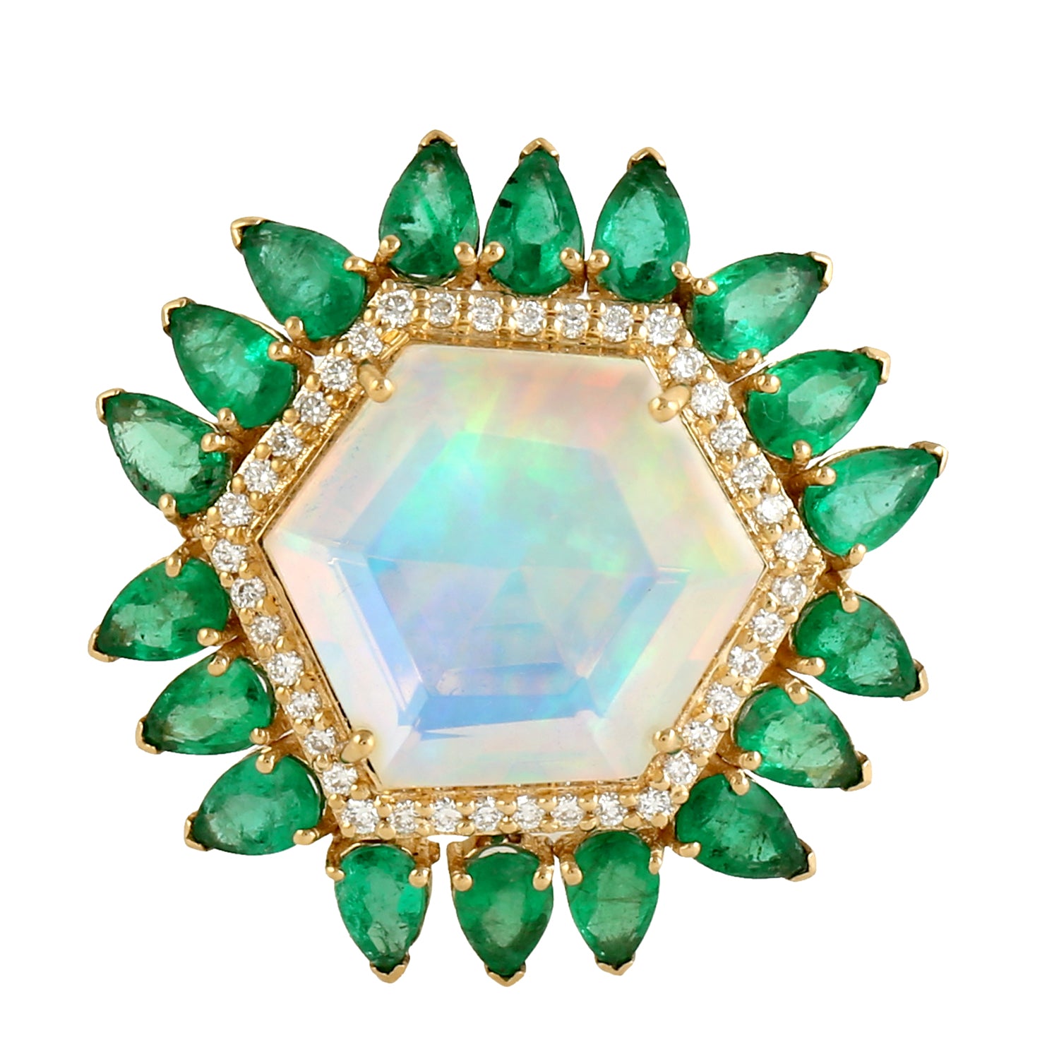 Hexagon Opal Ethiopian Pear Cut Emerald Pave Diamond Gold Cocktail Ring for Women - Elegant Statement Jewelry for Parties, Weddings & Special Occasions