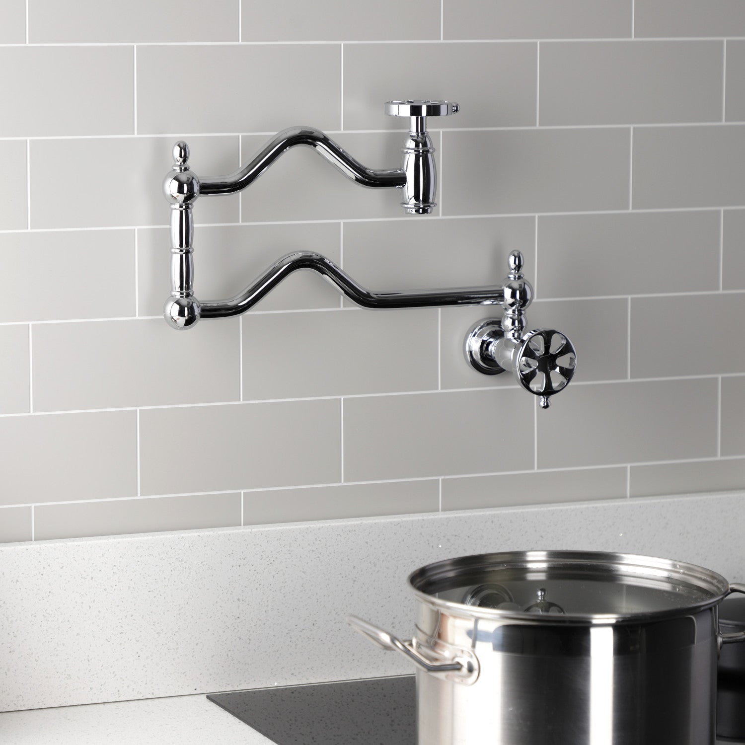 Belknap KS2101RX Two Handle Pot Filler Faucet - Polished Chrome Finish - Wall Mounted Kitchen Sink Faucet for Easy Cooking & Filling Pots - Perfect for Home Chefs & Modern Kitchens