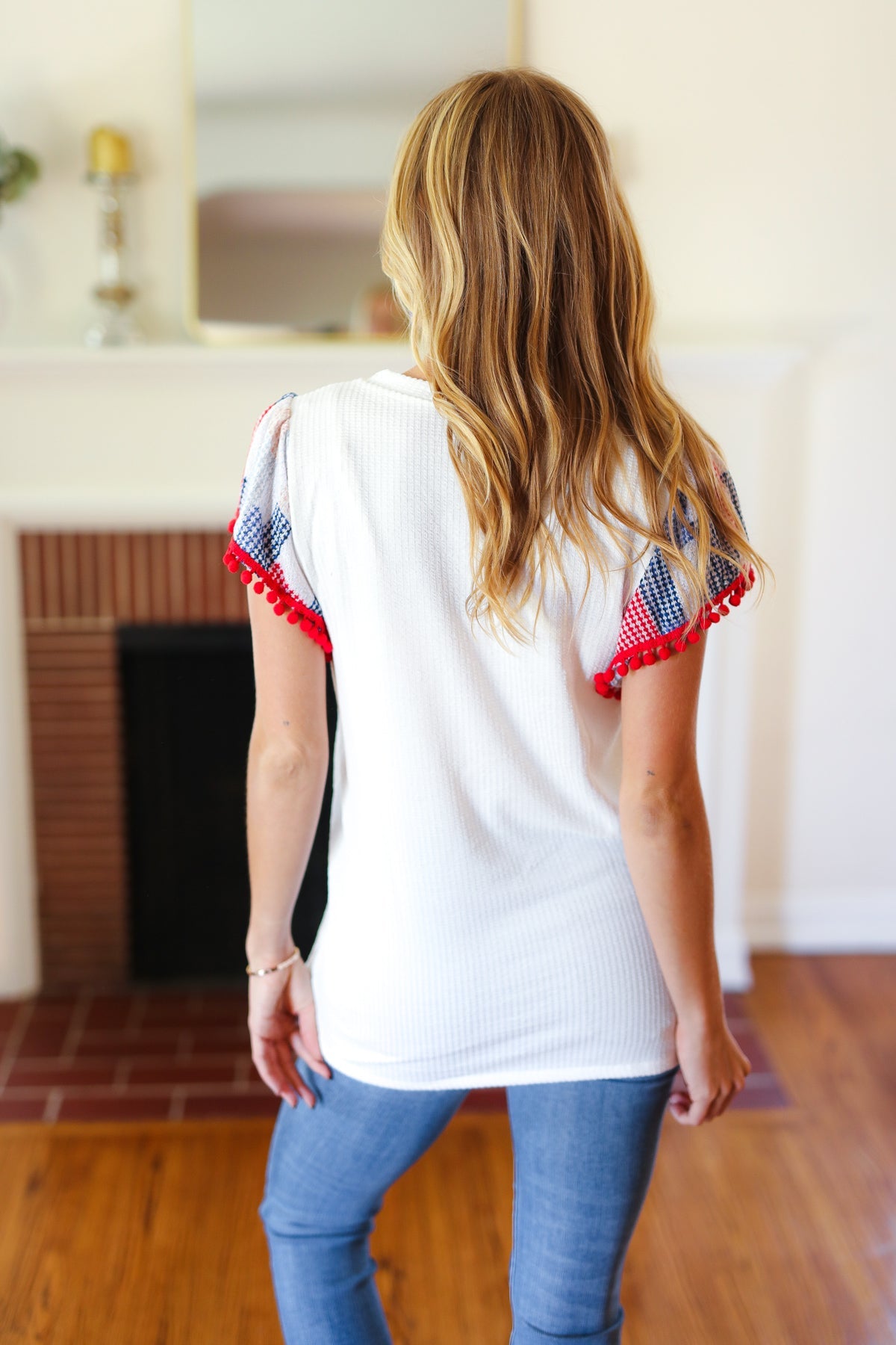 Patriotic Pom Pom Lace Flutter Sleeve Top - Women's Red White Blue Ruffled Blouse for 4th of July, Independence Day & Summer Parties