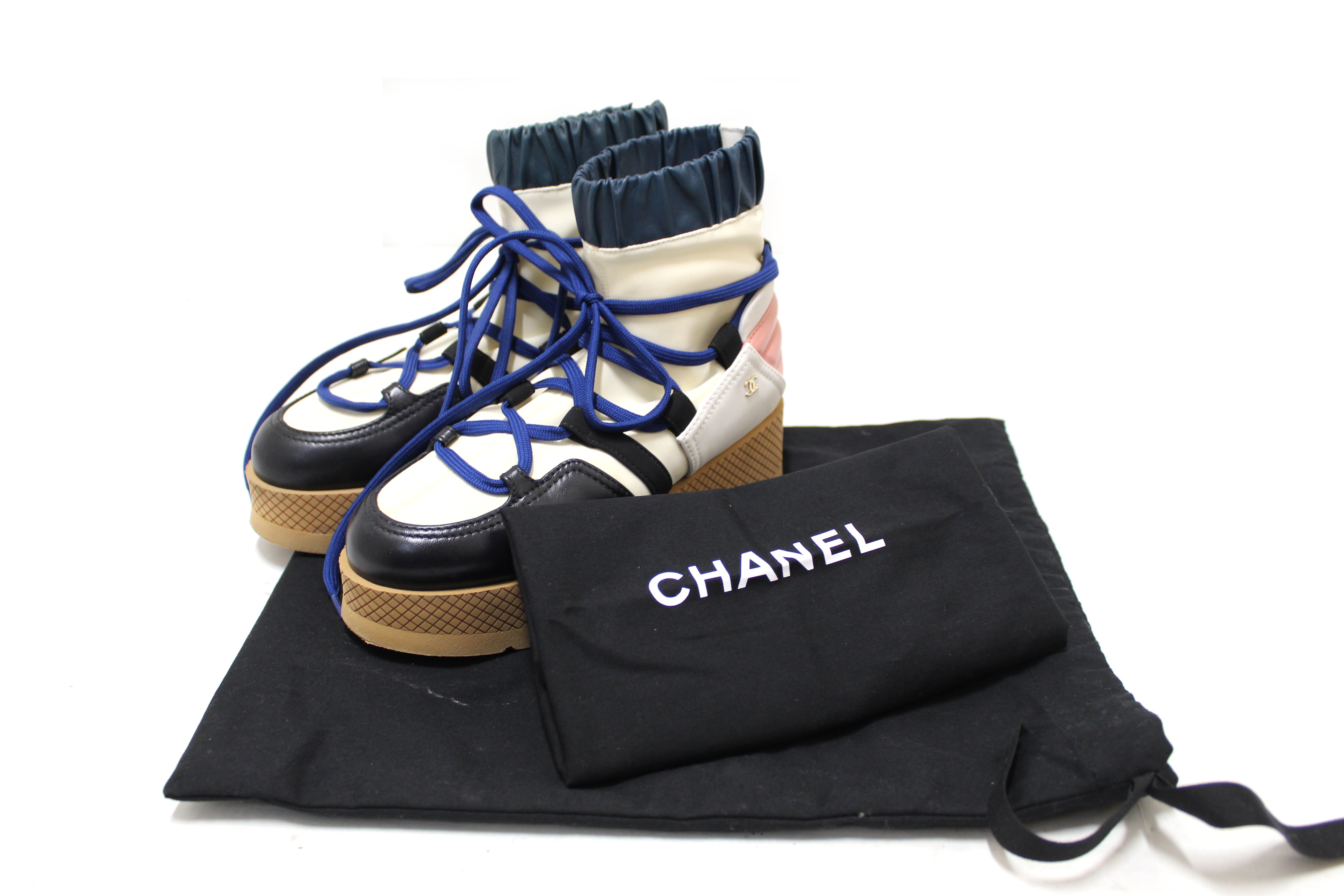 Authentic Chanel Lambskin & Mixed Fiber Lace-Up Platform Shoes - Ivory, Rose, Blue & Black - Women's Size 35.5 (US 5.5) | Luxury Designer Heels for Parties, Weddings & Special Occasions