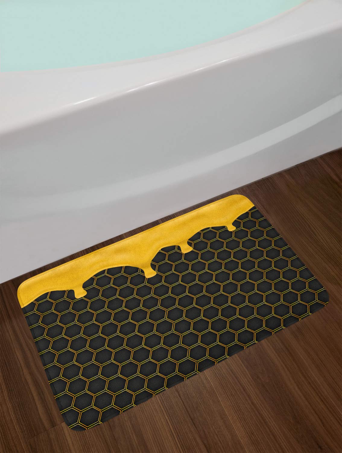 Ambesonne Honey Bath Mat, Hexagon Honeycomb Print, Non-Slip Plush Mat for Bathroom Decor