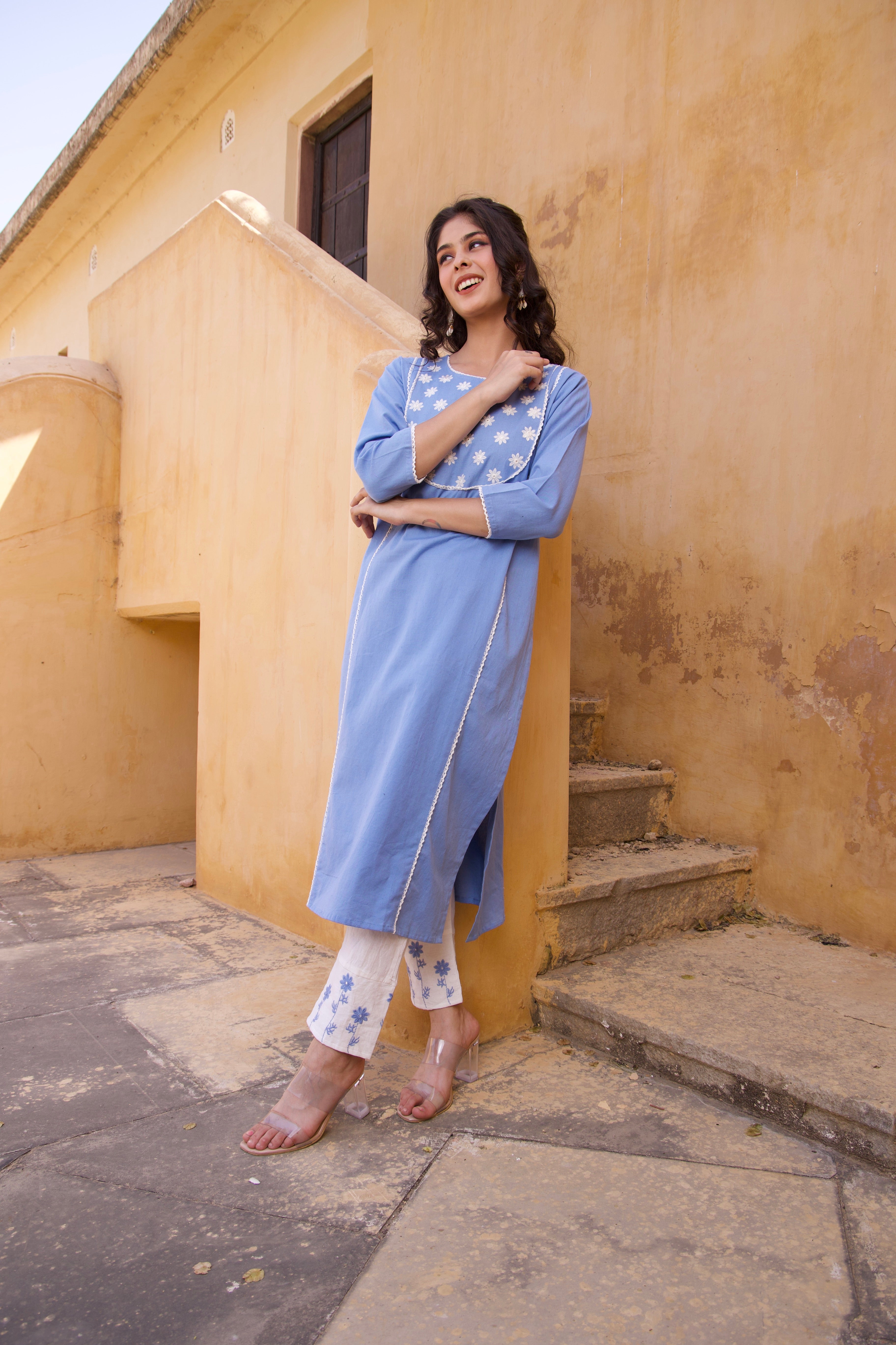 Stylish Sky Blue Floral Kurta Set for Women | Traditional Indian Ethnic Wear | Perfect for Festivals, Weddings & Casual Outings