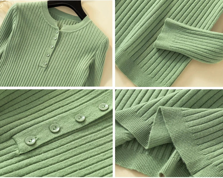 Button Basic Slim Knitted Pullover Sweater for Women - Soft Comfortable Lightweight Casual Tops for Fall & Winter - Perfect for Office, Dating and Weekend Outfits