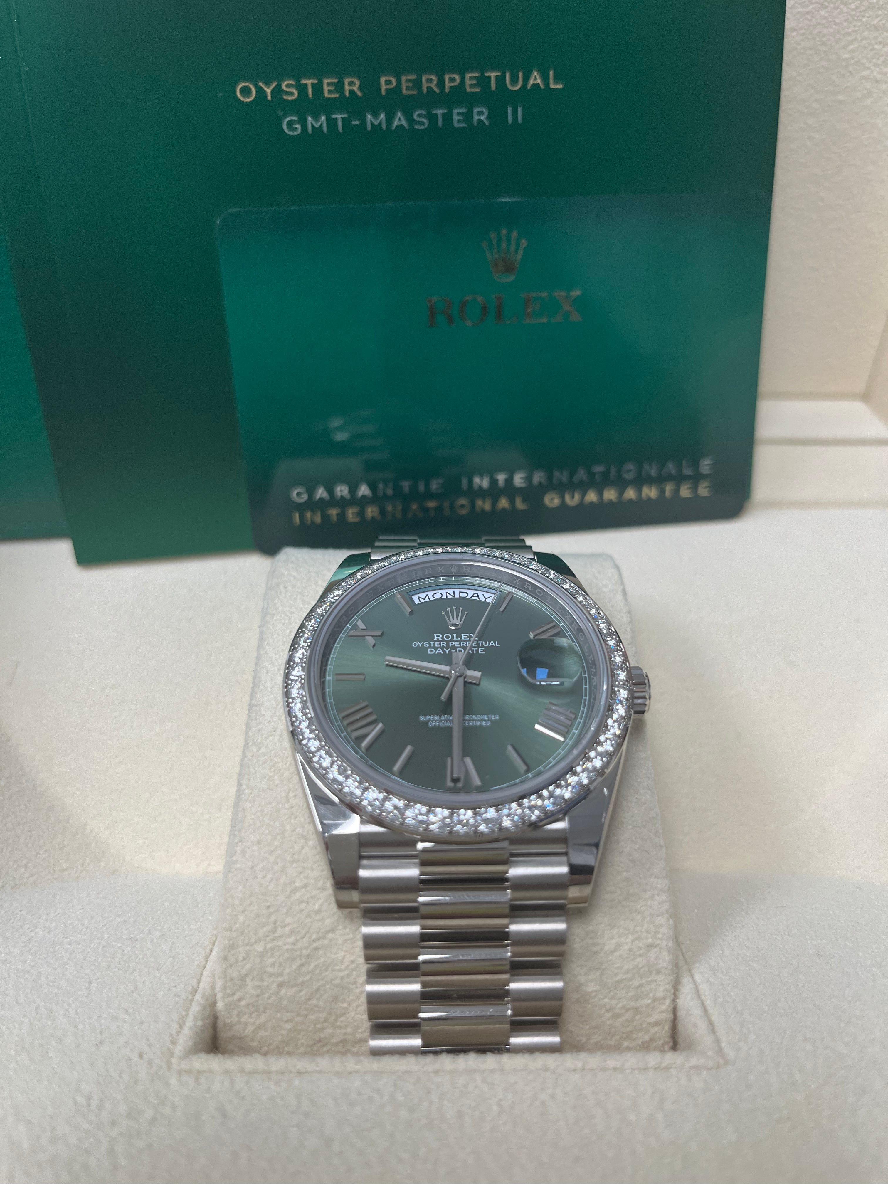 Rolex Day-Date 40mm 18K White Gold Watch with Olive Green Roman Dial & President Bracelet (Ref. 228349RBR) - Luxury Dress Watch for Business & Formal Occasions