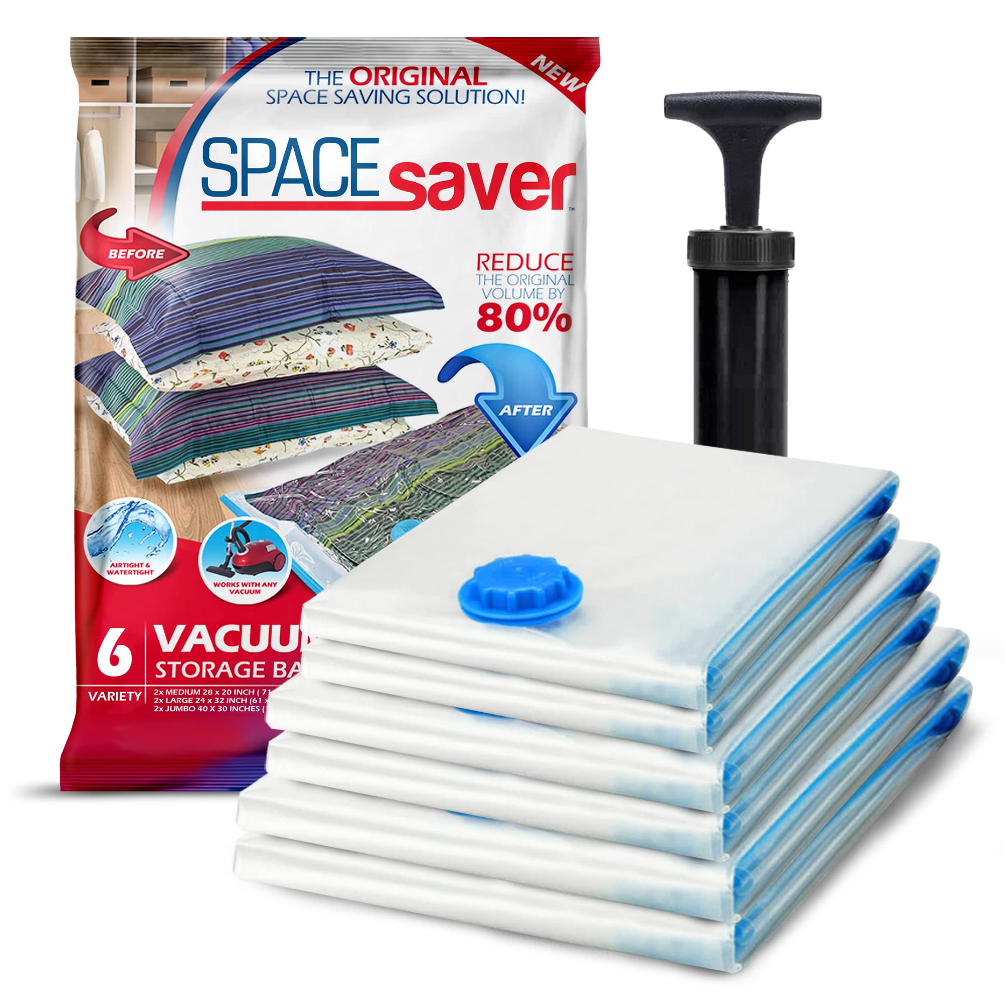 Spacesaver 12-Pack Vacuum Storage Bags with Hand Pump - Space Saving Compression Bags for Clothes, Comforters, Bedding (3 Small, 3 Medium, 3 Large, 3 Jumbo) - Ideal for Travel, Home Organization & Seasonal Storage