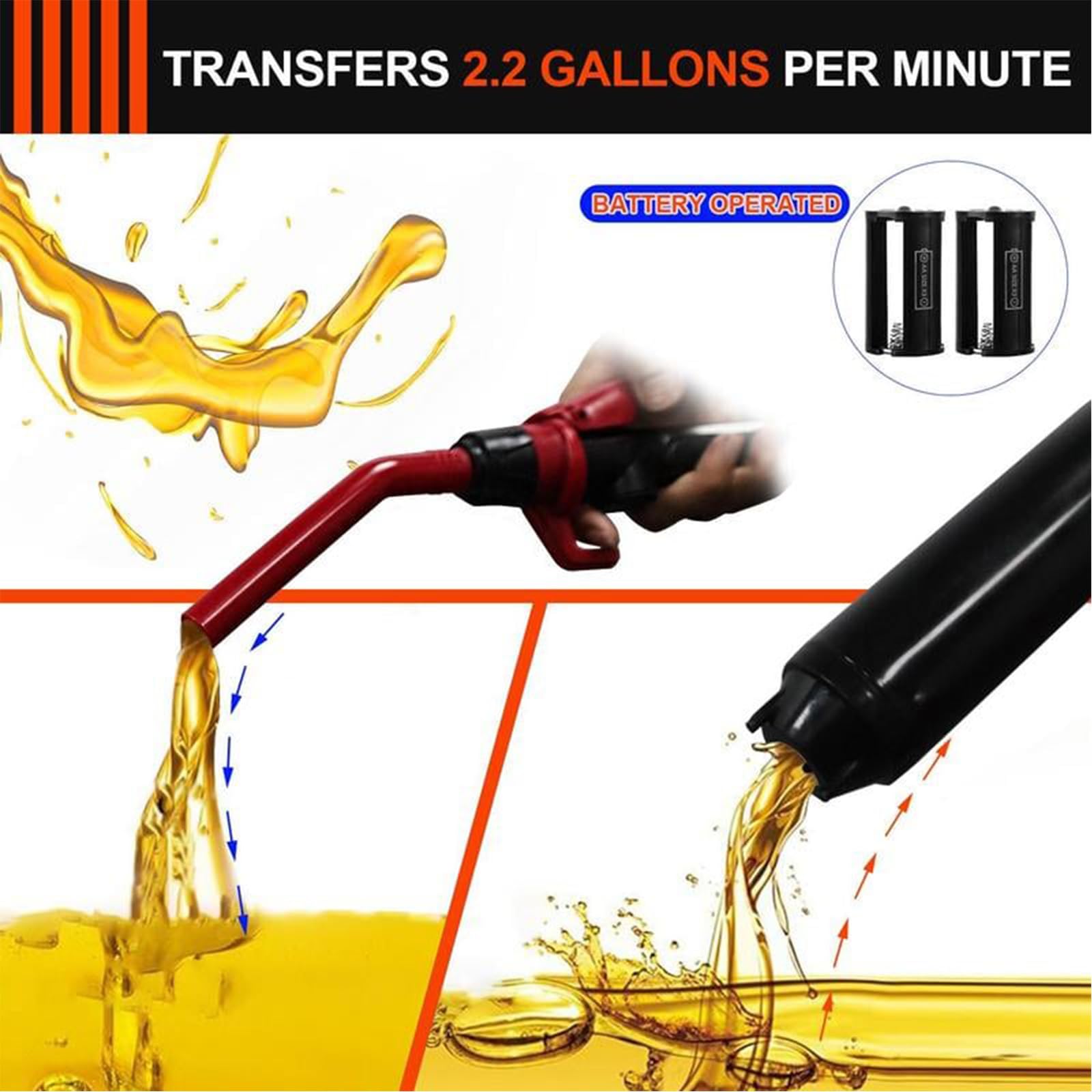 Portable Electric Gas Pump - Battery Powered Fuel Transfer Pump for Cars, Boats, Lawn Mowers - Compact & Lightweight Handheld Gasoline Pump (Orange & Red) - Perfect for Emergency Fuel Transfer, RV Camping, and Outdoor Equipment Maintenance