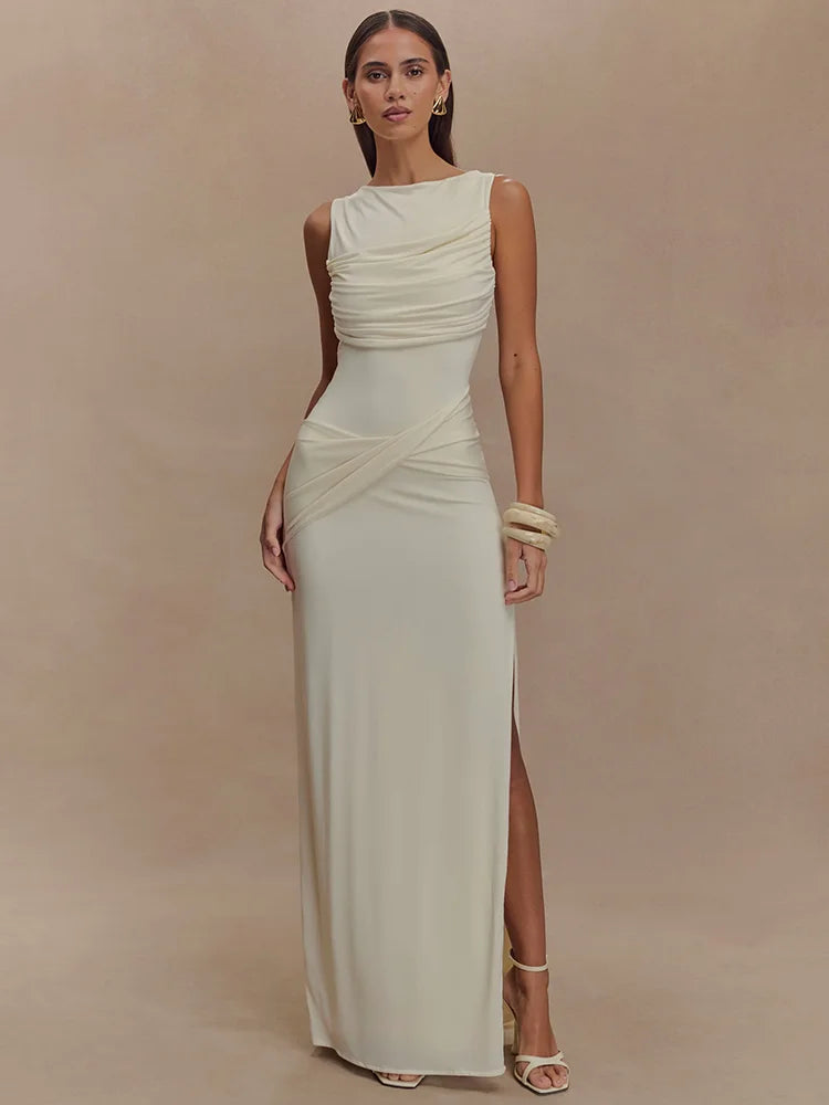 Sexy Backless Ruched Maxi Tank Dress for Women - Elegant O Neck Thigh High Split Bodycon Long Gown | Perfect for Summer Parties, Date Nights & Beach Vacations