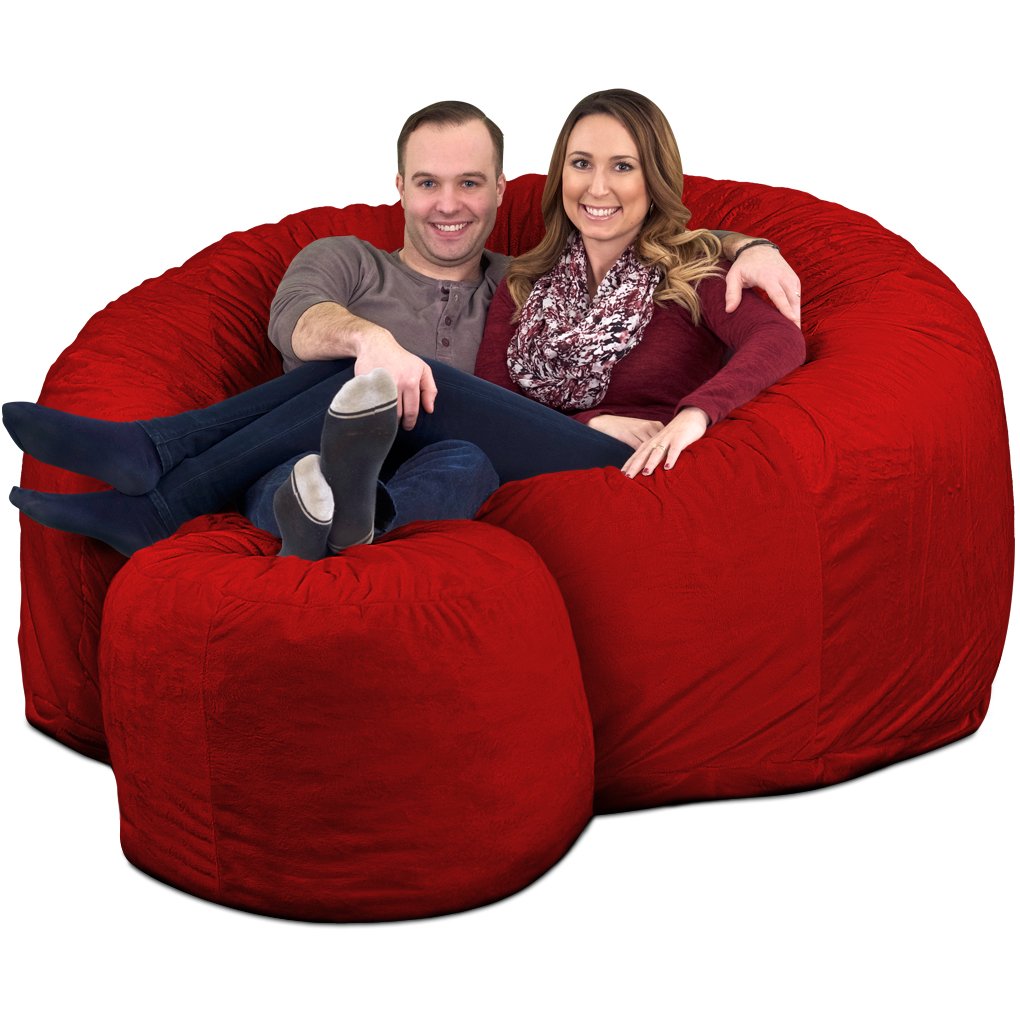 ULTIMATE SACK 6ft Oversized Bean Bag Chair with Footstool - Red Suede Lounge Furniture for Adults | Perfect for Living Room, Game Room & Dorm Relaxation