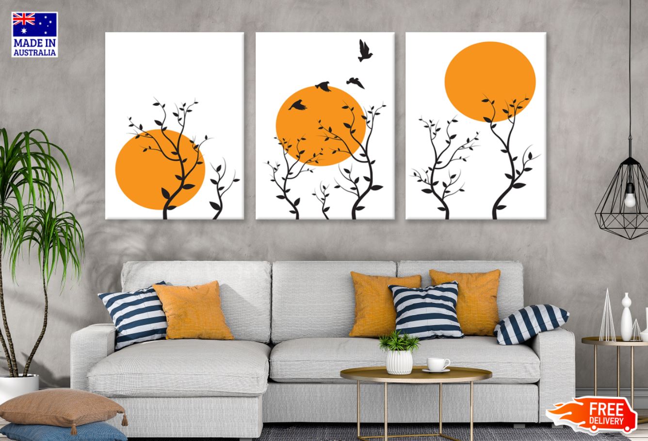 3-Piece Tree & Bird Wall Art Canvas with Sun Design - High Quality Australian Made Print - Ready to Hang for Living Room, Bedroom & Office Decor