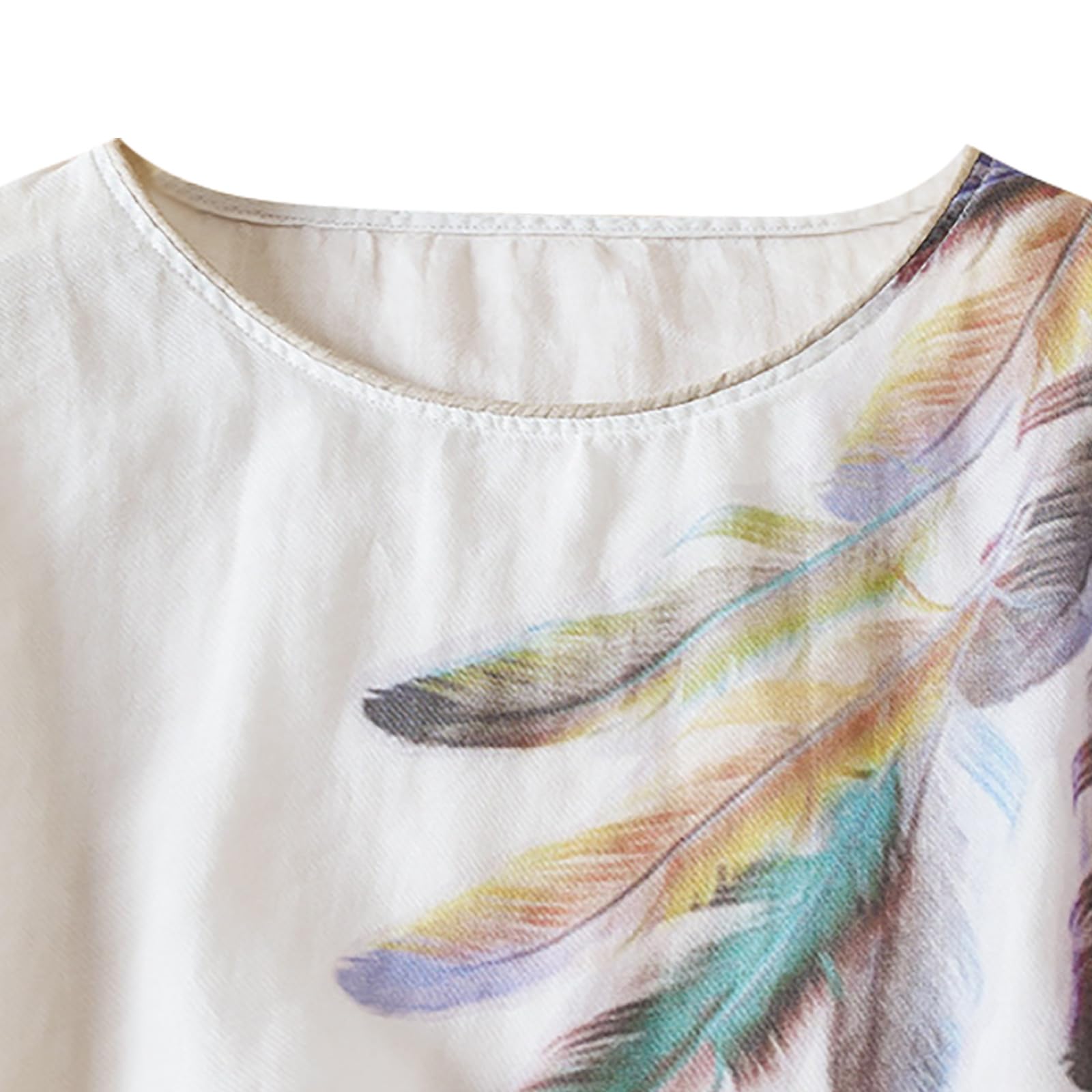 Vintage Cotton Linen Tops for Women - 3/4 Sleeve Feather Graphic Flowy Blouse, Casual Loose Tunic Shirt | Perfect for Summer Outfits, Beach Wear & Boho Style