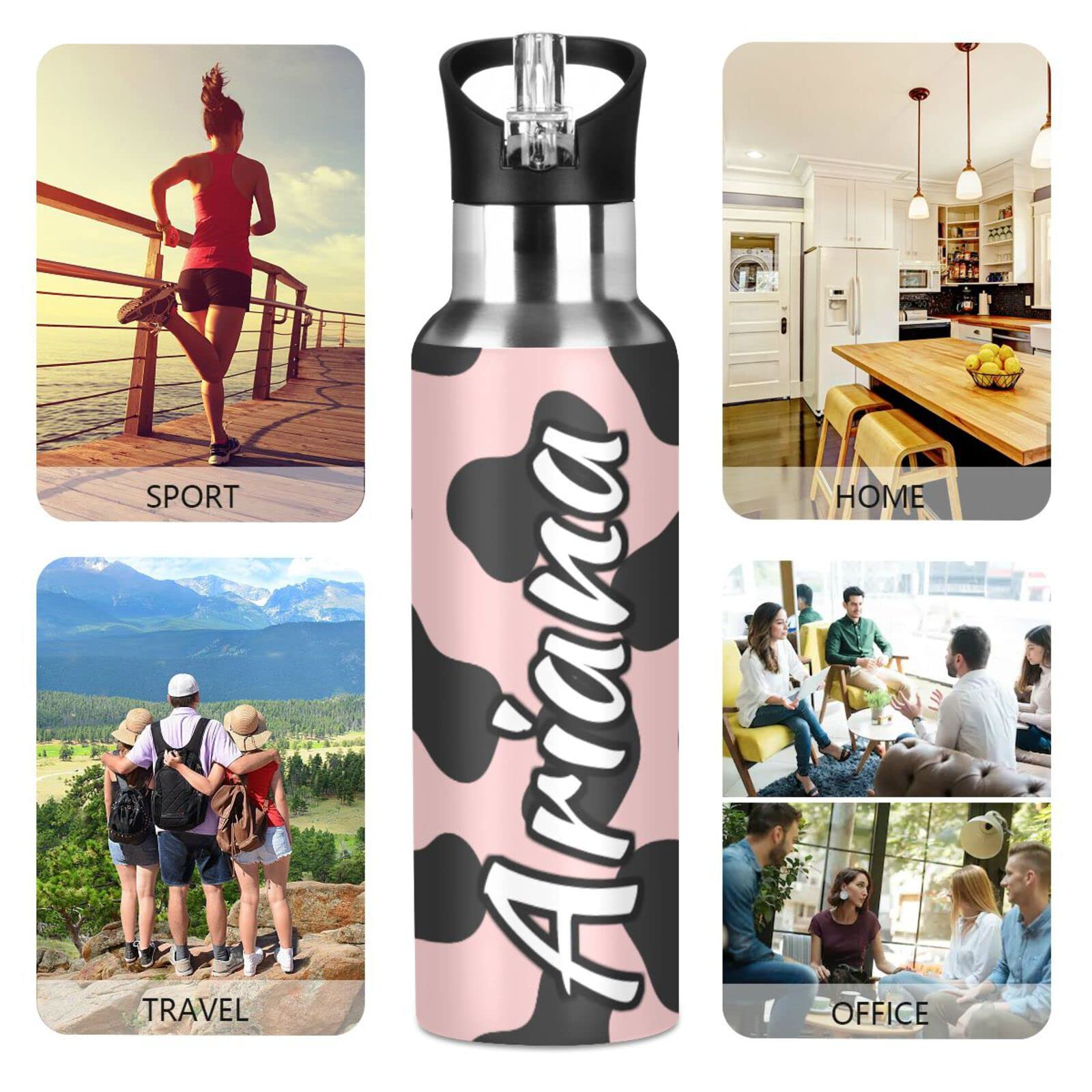 Custom Personalized 20oz Insulated Stainless Steel Water Bottle with Straw Lid - Pink & Black Double Wall Vacuum Flask for Hiking, Sports, Gym & Outdoor Activities | Leakproof & Sweatproof Design