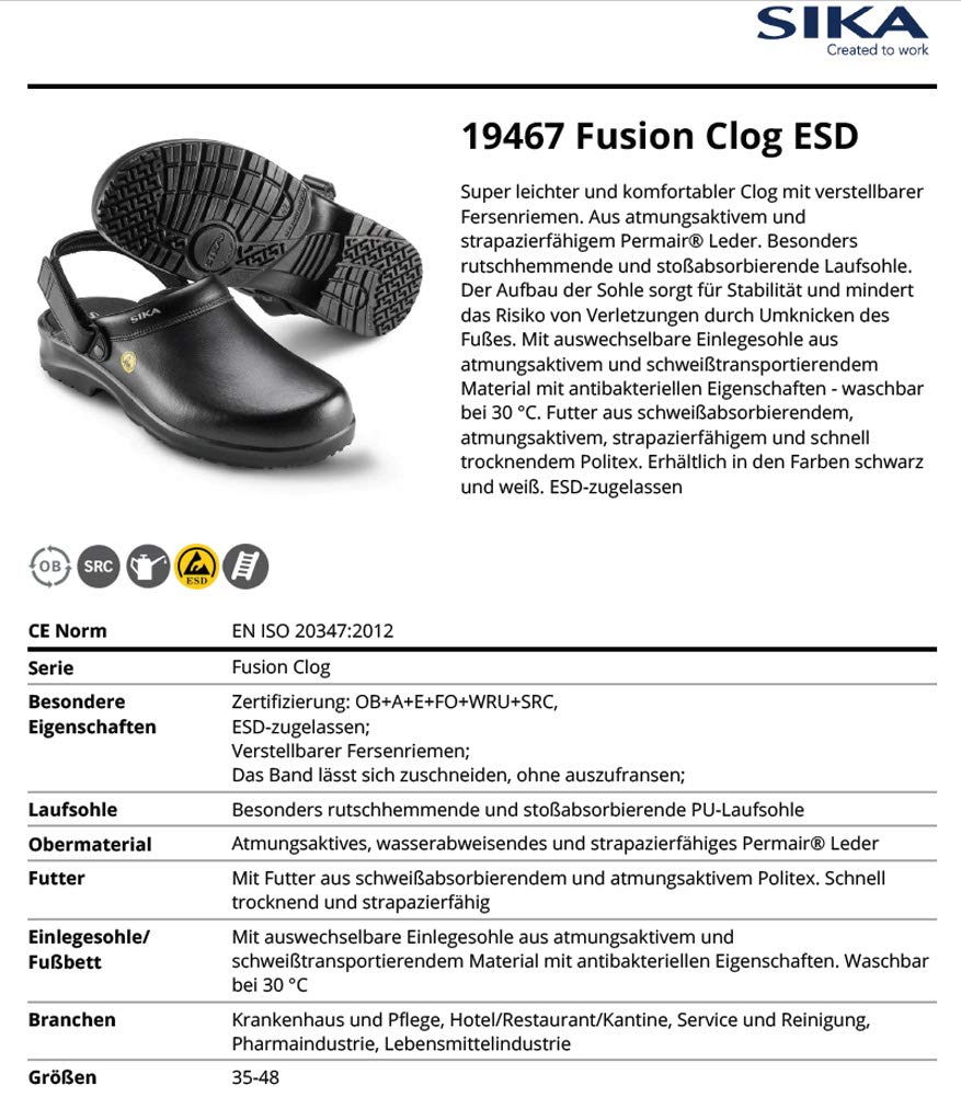SIKA 19467 Fusion ESD Anti-Slip Clog Shoes - Non-Slip Work Shoes for Pharmaceutical, Food Industry, Hospital, Healthcare, Catering (HORECA), Kitchen Staff, Service & Cleaning Professionals - Ideal for Wet & Slippery Work Environments