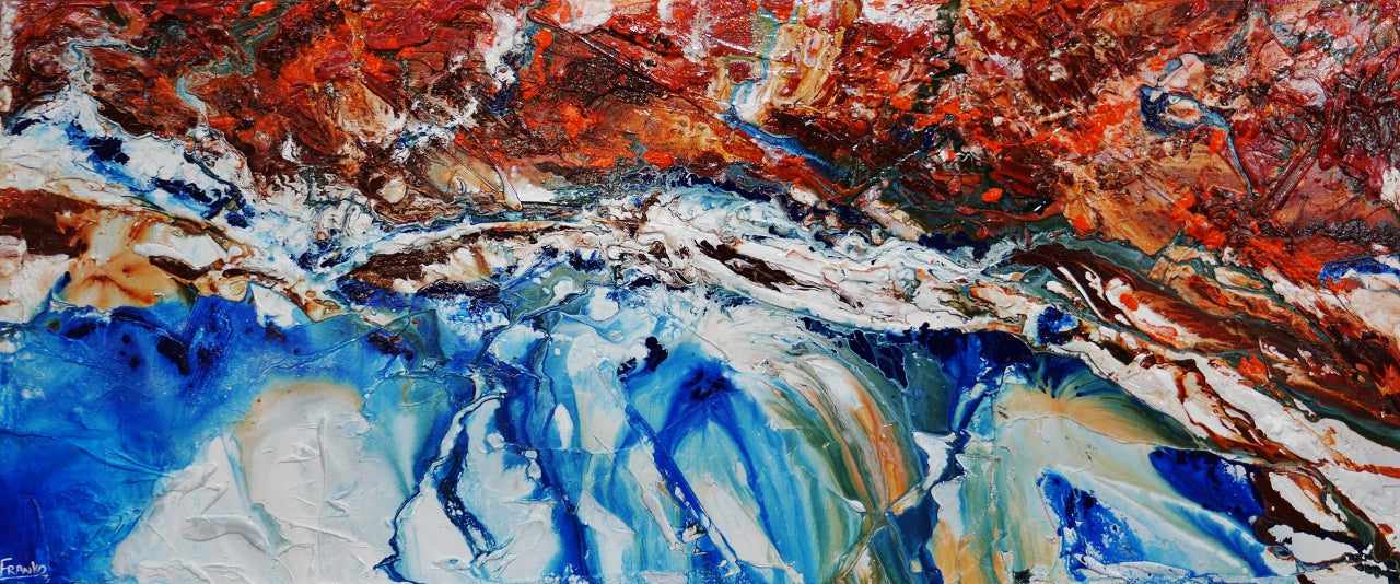 Blue Silk 240cm x 100cm Brown Blue White Textured Abstract Wall Art Painting - Modern Home Decor for Living Room, Bedroom & Office