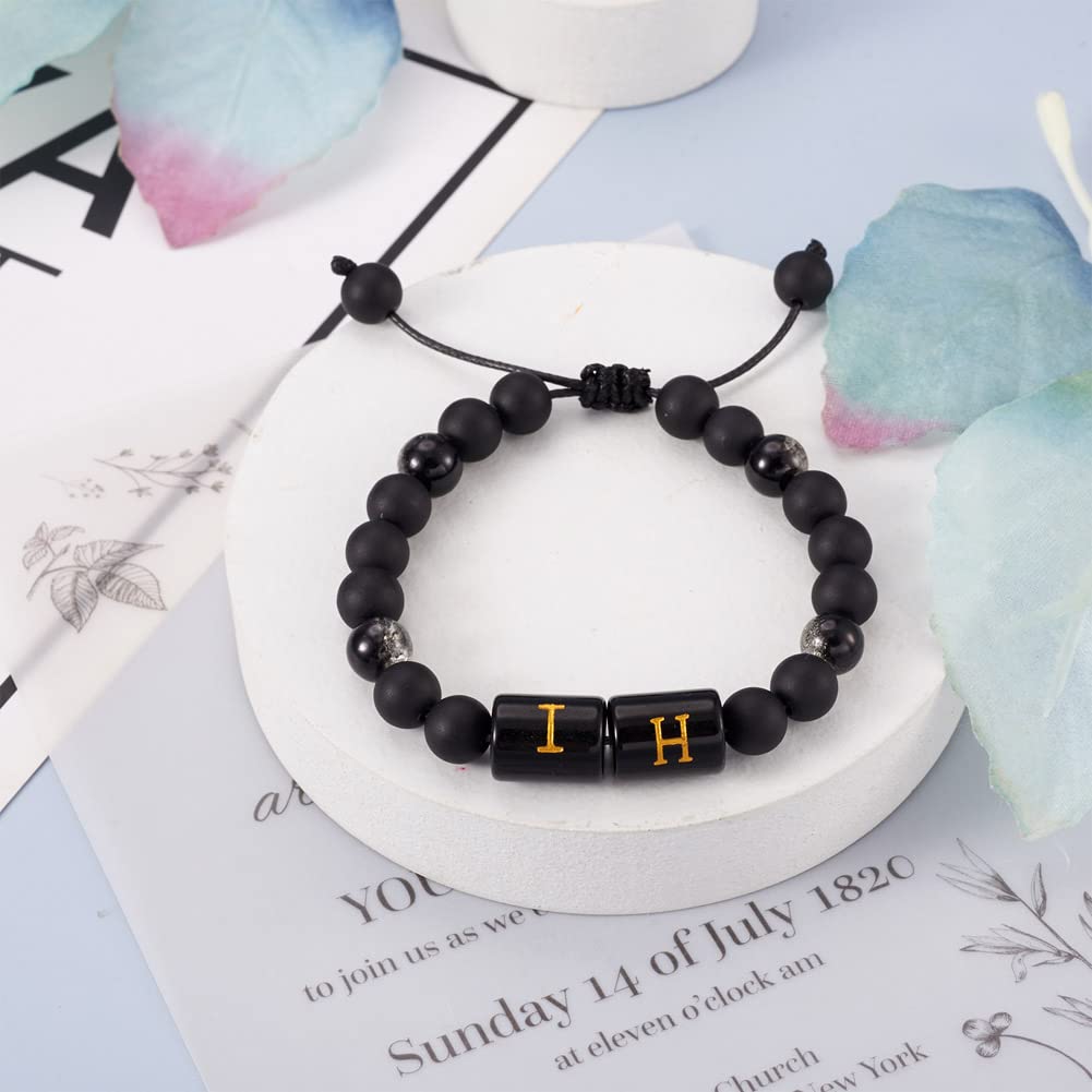 Cheriswelry 26Pcs 11mm Black & Gold Alphabet Glass Beads - DIY Letter Beads for Necklace, Bracelet, Jewelry Making - Perfect for Personalized Gifts, Initial Jewelry, and Craft Projects (Men & Women)