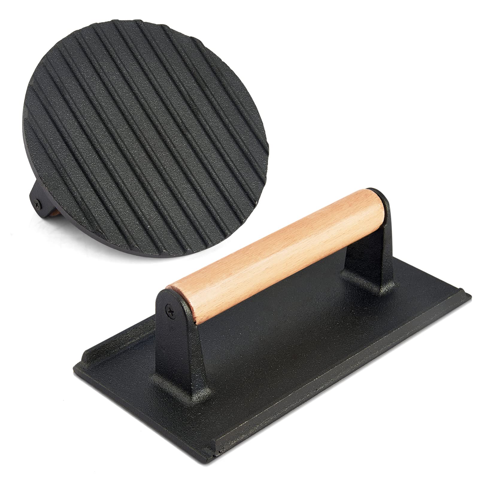 HaSteel 2-Piece Cast Iron Bacon Press Set - Heavy Duty 7