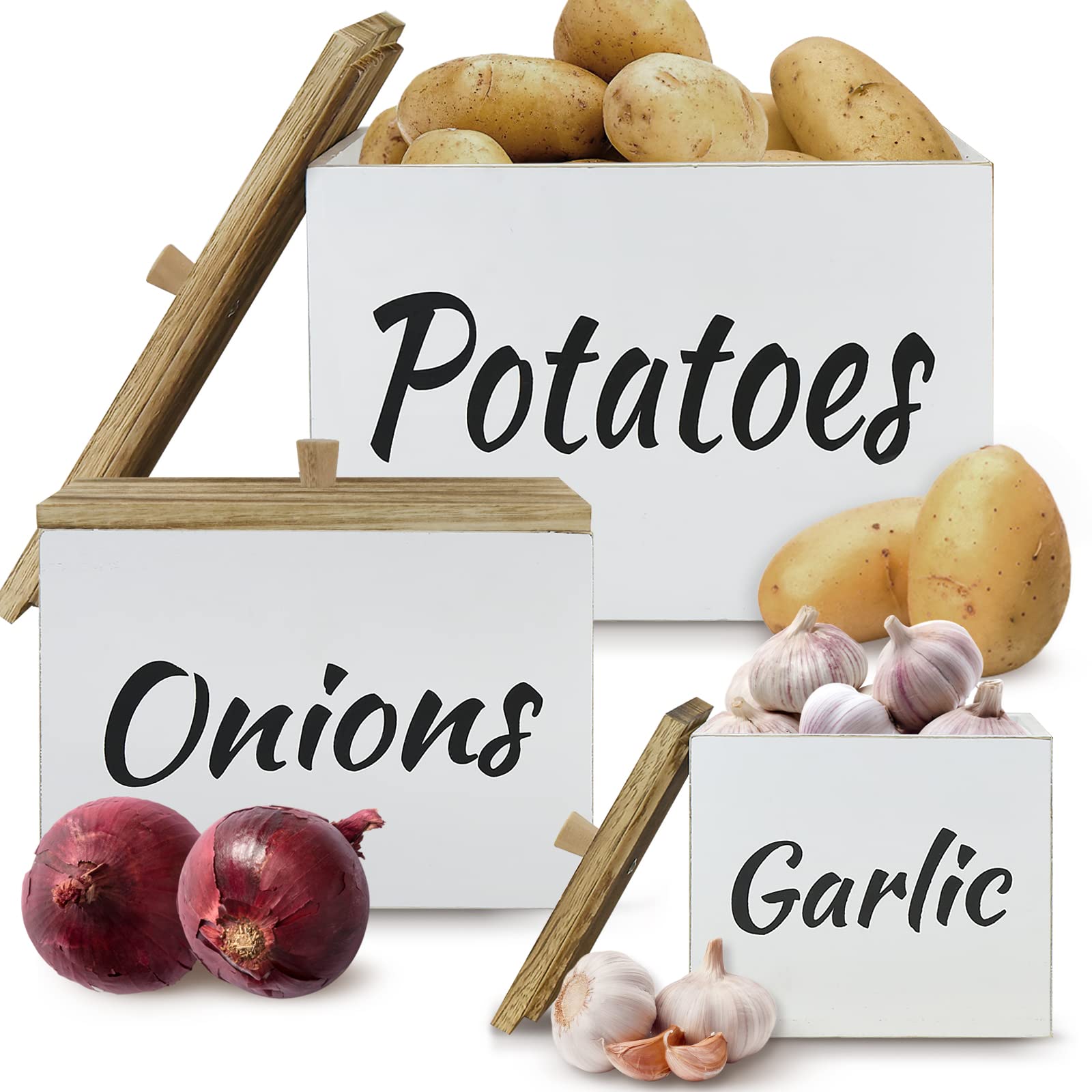 Farmhouse Potato Onion Garlic Storage Bin Set of 3 - Wooden Kitchen Storage Containers with Lids for Potatoes, Onions & Garlic - Perfect for Pantry Organization, Root Vegetable Storage, and Farmhouse Kitchen Decor