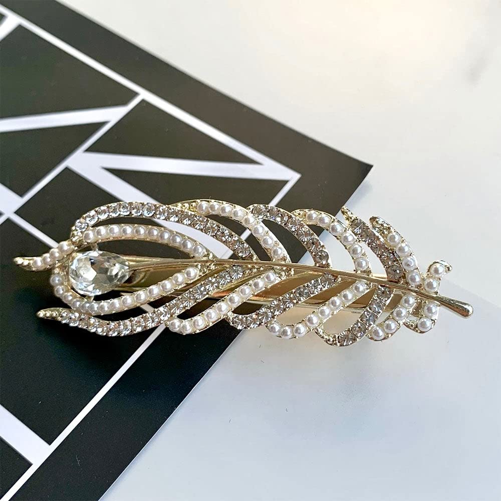 XILLY G Leaf Hair Barrette for Women - Elegant Pearl & Diamante Snap Clips Hair Slide Pins - Perfect Gift for Her - Great for Weddings, Parties & Everyday Styling