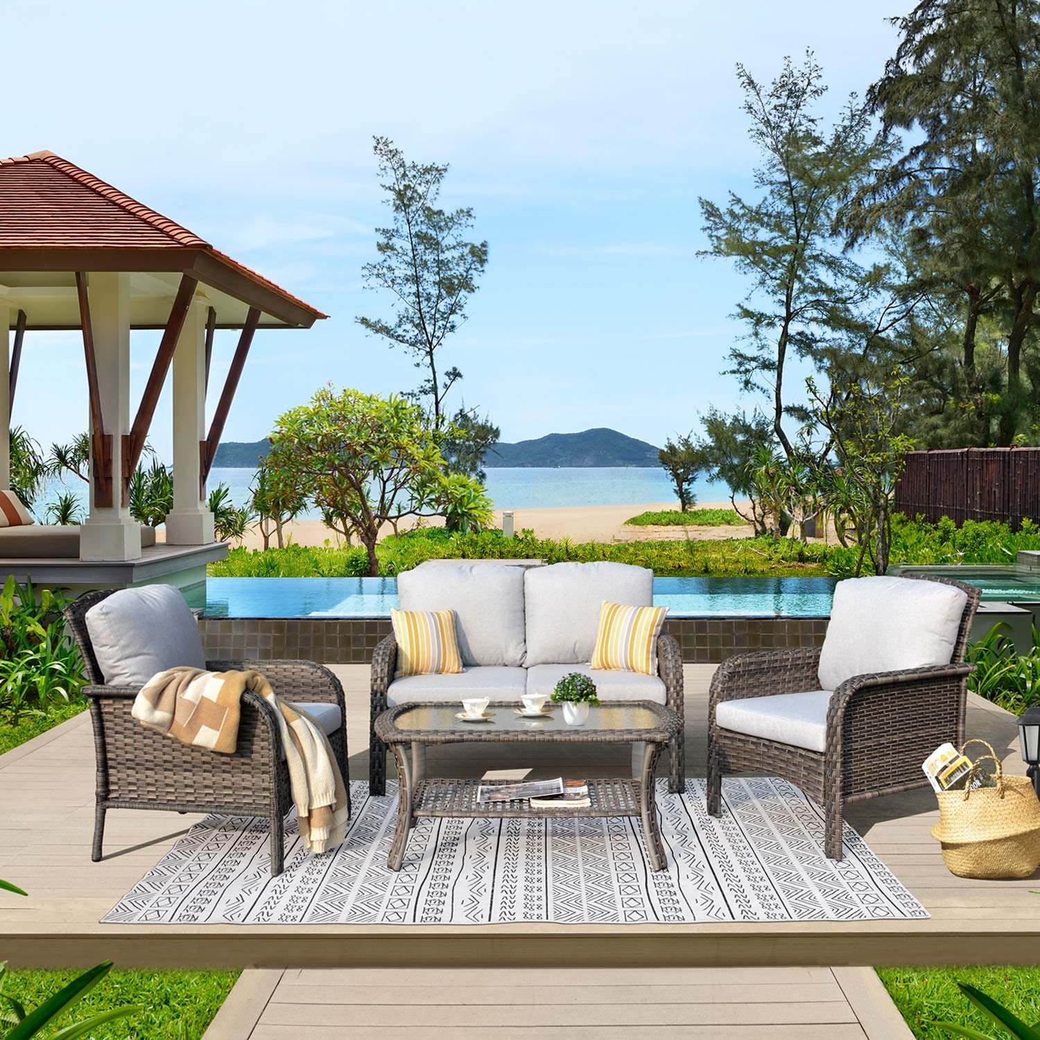 4-Piece Patio Furniture Set - Outdoor Wicker Sofa with Coffee Table & Chairs, All-Weather High Back Rattan Loveseat with Comfortable Cushions (Grey) - Perfect for Backyard, Garden, Poolside & Balcony Relaxation