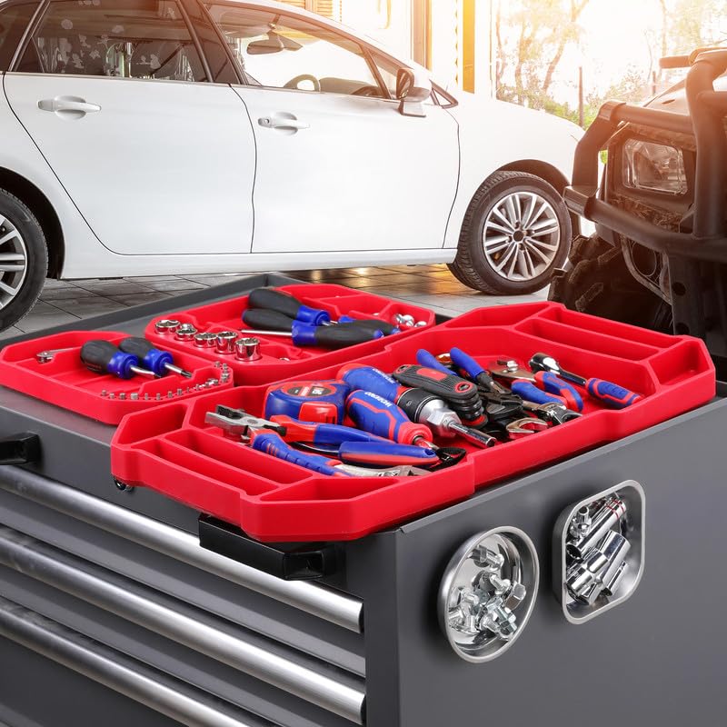 WORKPRO 5-Piece Non-Slip Tool Tray Set with 3 Silicone Organizers & 2 Magnetic Trays - Durable Tool Mat, Holder & Storage Solution for Mechanics, DIY & Workshop Organization
