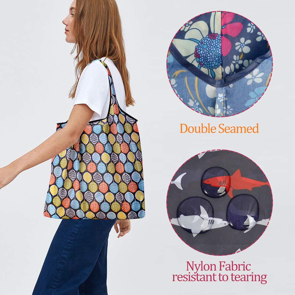 10 Pack Reusable Foldable Grocery Shopping Bags with Attached Pouch - Eco-Friendly & Machine Washable Tote Bags for Supermarket, Farmers Market & Travel