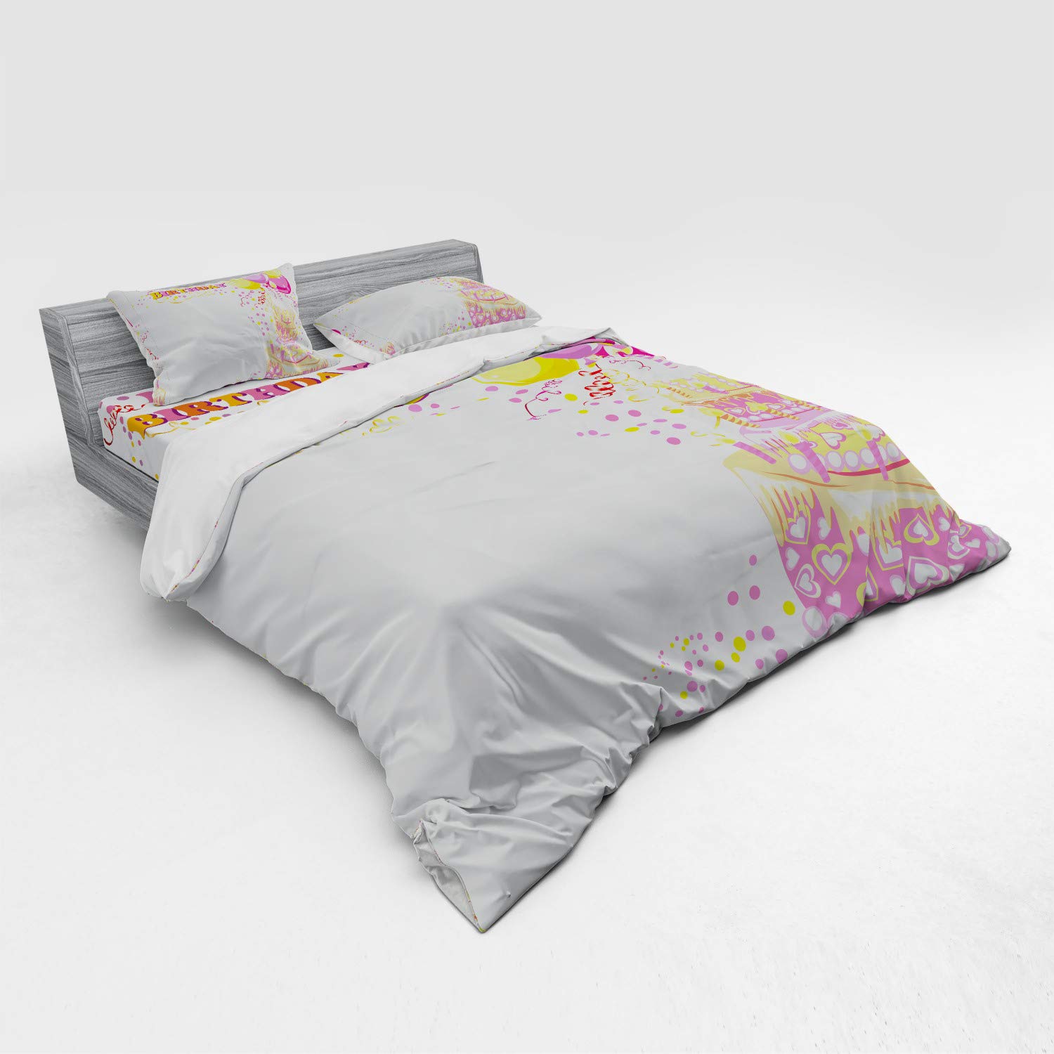 Ambesonne Birthday Party Duvet Cover Set - King Size 4-Piece Bedding with Shams & Fitted Sheet - Celebration Theme with Cakes, Candles, Balloons & Hearts Print in Orange & Pink - Perfect for Girls' Birthday Parties, Sleepovers & Themed Bedroom Decor