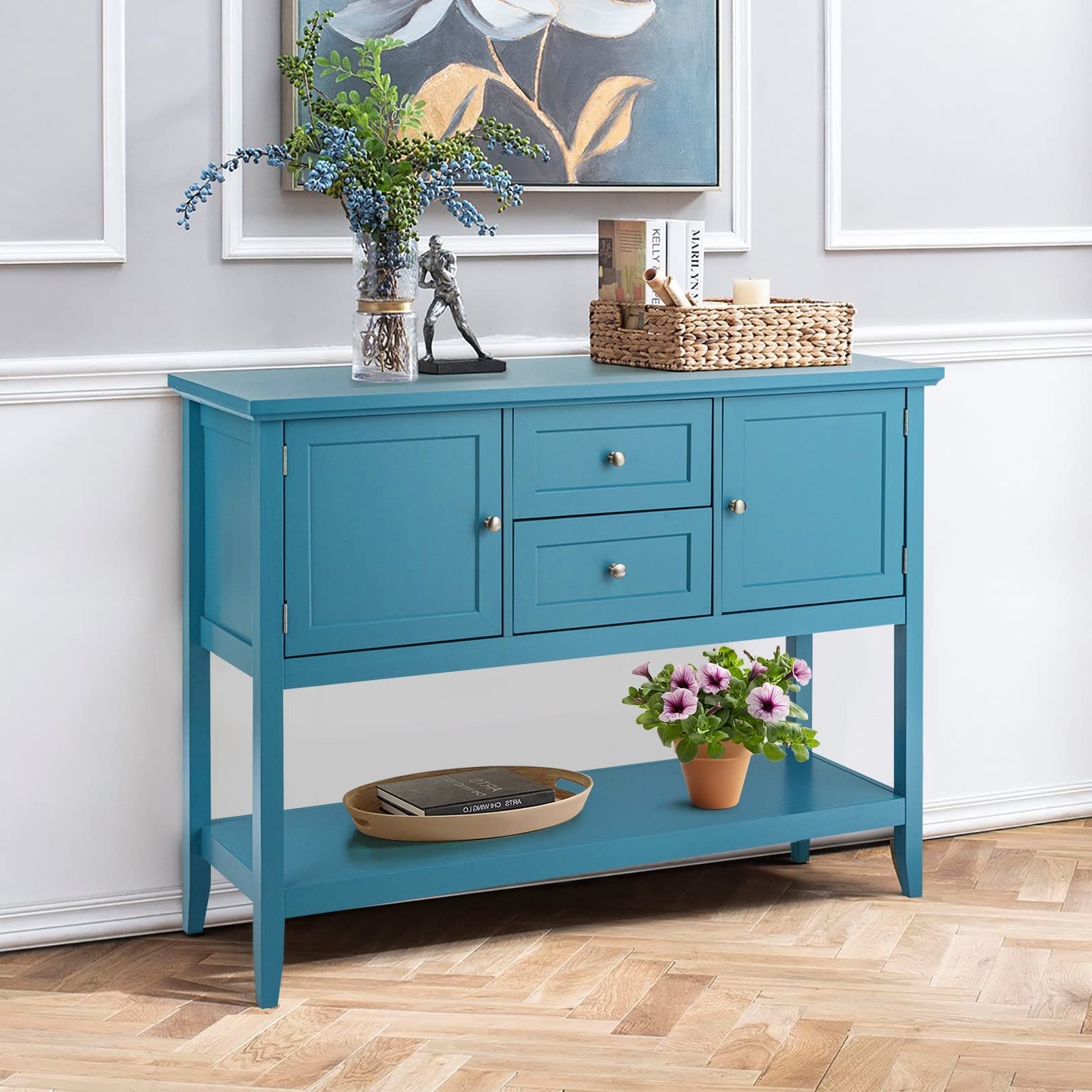Moccha Buffet Sideboard - Wooden Console Table with 2 Drawers & 2 Storage Cabinets, Bottom Shelf - Perfect for Living Room, Kitchen, Dining Room & Hallway Decor (Aqua Blue) - Ideal for Entertaining, Storage & Home Organization