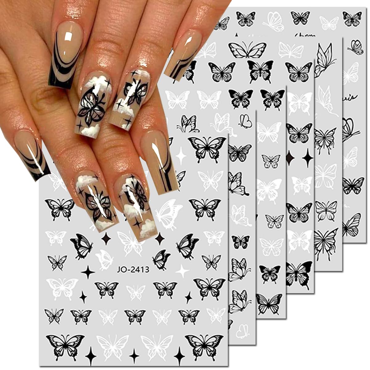 6 Sheets 3D Butterfly Nail Art Stickers - Black & White Designer Nail Decals for Women | DIY Nail Art Supplies | Perfect for Parties, Weddings, and Nail Salon Designs