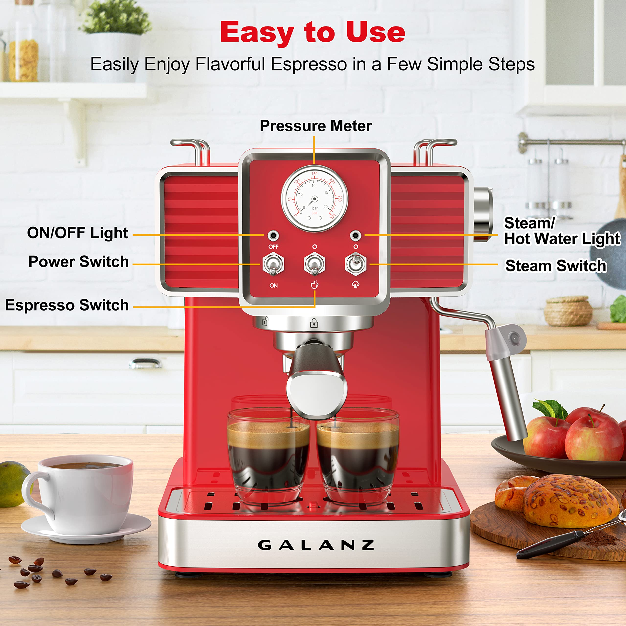 Galanz Retro Espresso Machine with Milk Frother - 15 Bar Pump Professional Cappuccino & Latte Maker, 1.5L Removable Water Tank, 1350W (Vintage Red) - Perfect for Home Coffee Bars, Office Break Rooms & Gift Giving