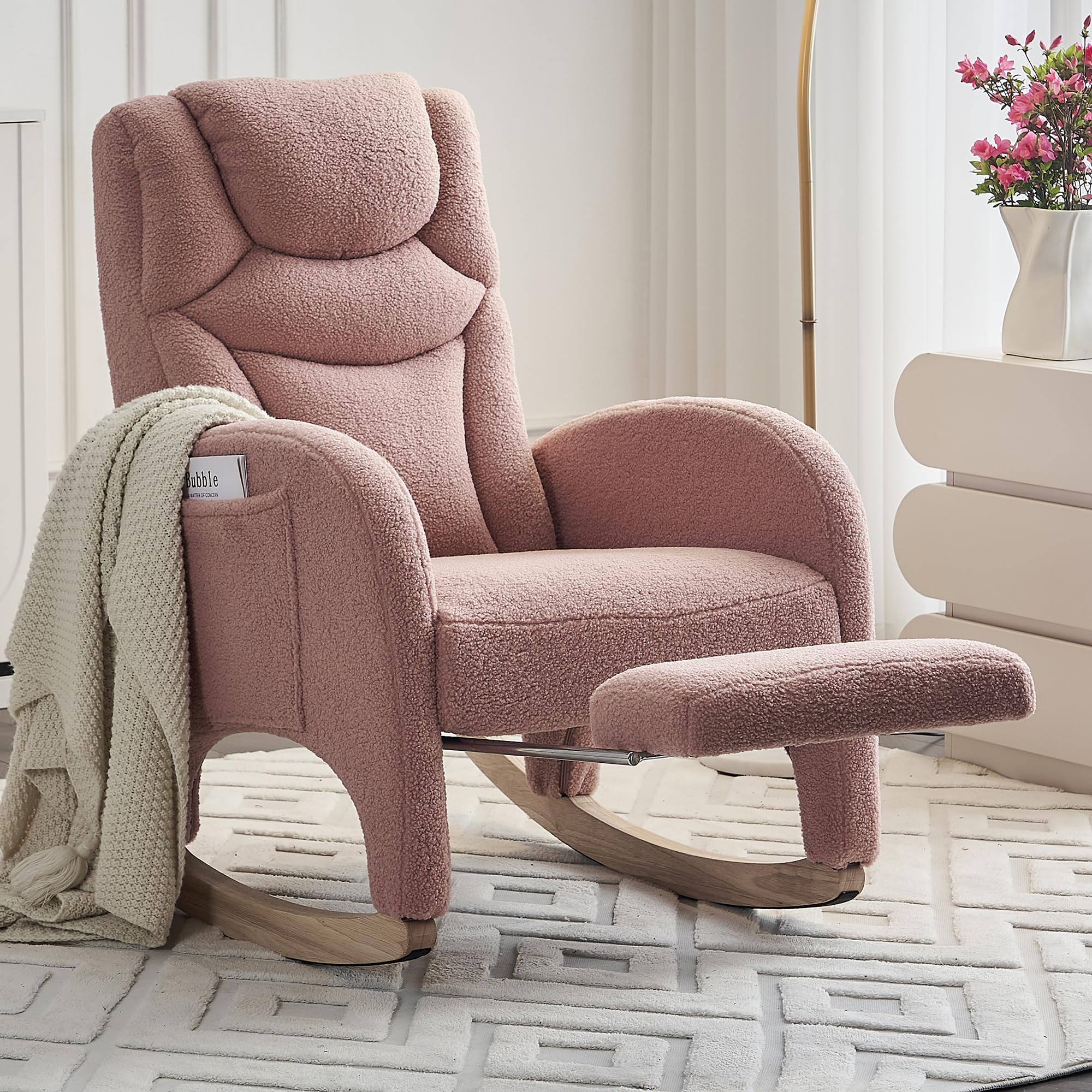 Hommoo Modern Teddy Fabric Rocking Chair with Adjustable Footrest - High Back Nursery Glider Rocker for Mom and Baby, Pink - Perfect for Nursery, Living Room & Bedroom Relaxation