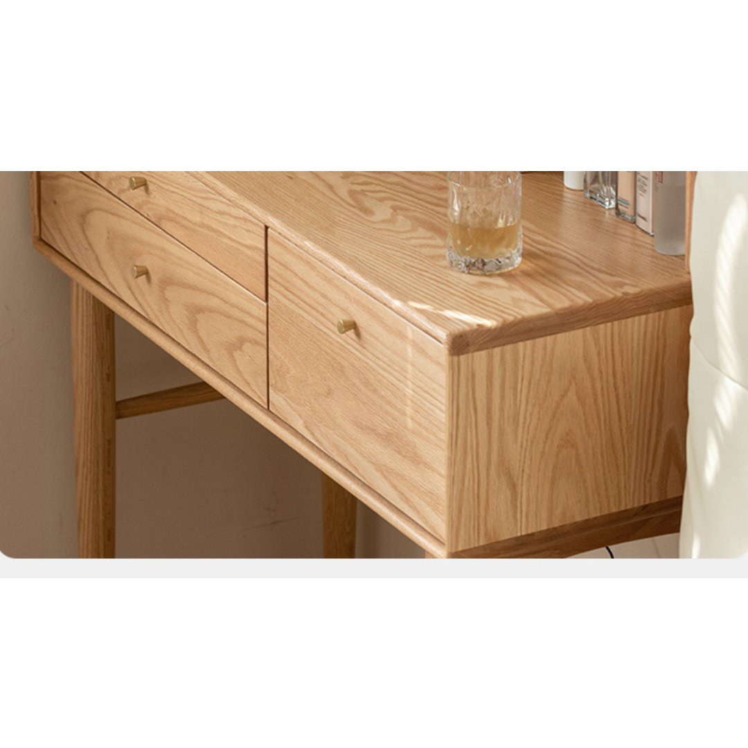 Solid Oak & Ash Wood Dressing Table with LED Lighted Makeup Mirror - Perfect for Bedroom Vanity, Makeup Application & Home Decor