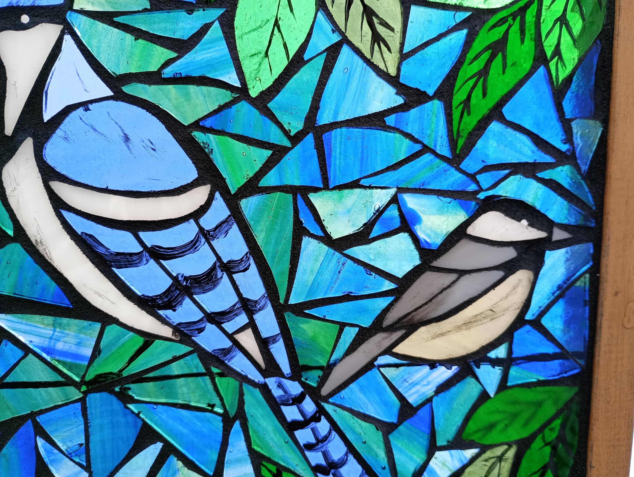 Handmade Stained Glass Mosaic Panel - Birds on Wire Design - Perfect for Window Decor, Wall Art & Home Décor
