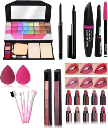 Women's & Girls' TYA 6155 Multicolor Makeup Kit - 5 Pink Brushes, 2 Lipsticks (Red+Nude), 3-in-1 Eyeliner Combo, 36H Kajal, 2 Beauty Blenders (15-Piece Set) | Perfect for Daily Makeup, Parties & Professional Looks