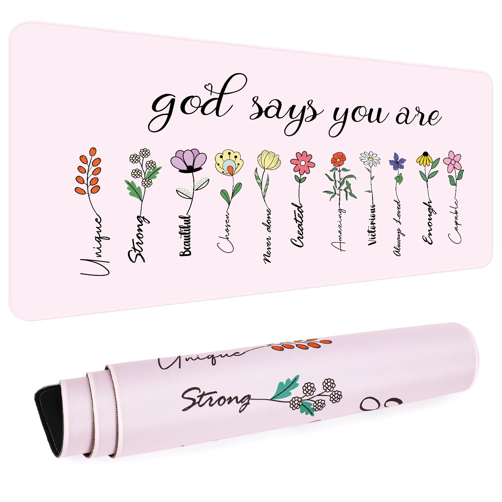 AFRITEE Bible Verse Desk Mat - Pink Flower Christian Gaming Mouse Pad for Office & Gifts