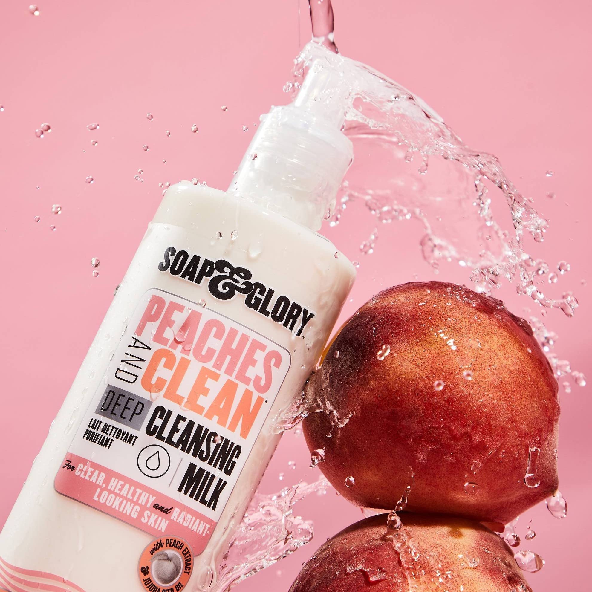 Soap & Glory Peaches & Clean 4-in-1 Deep Cleansing Milk with Peach Extract, Ginseng & Jojoba Oil - Hydrating Makeup Remover & Facial Cleanser for Clarified, Energized Skin (350ml) - Perfect for Daily Skincare Routine & Travel-Friendly Beauty Essential