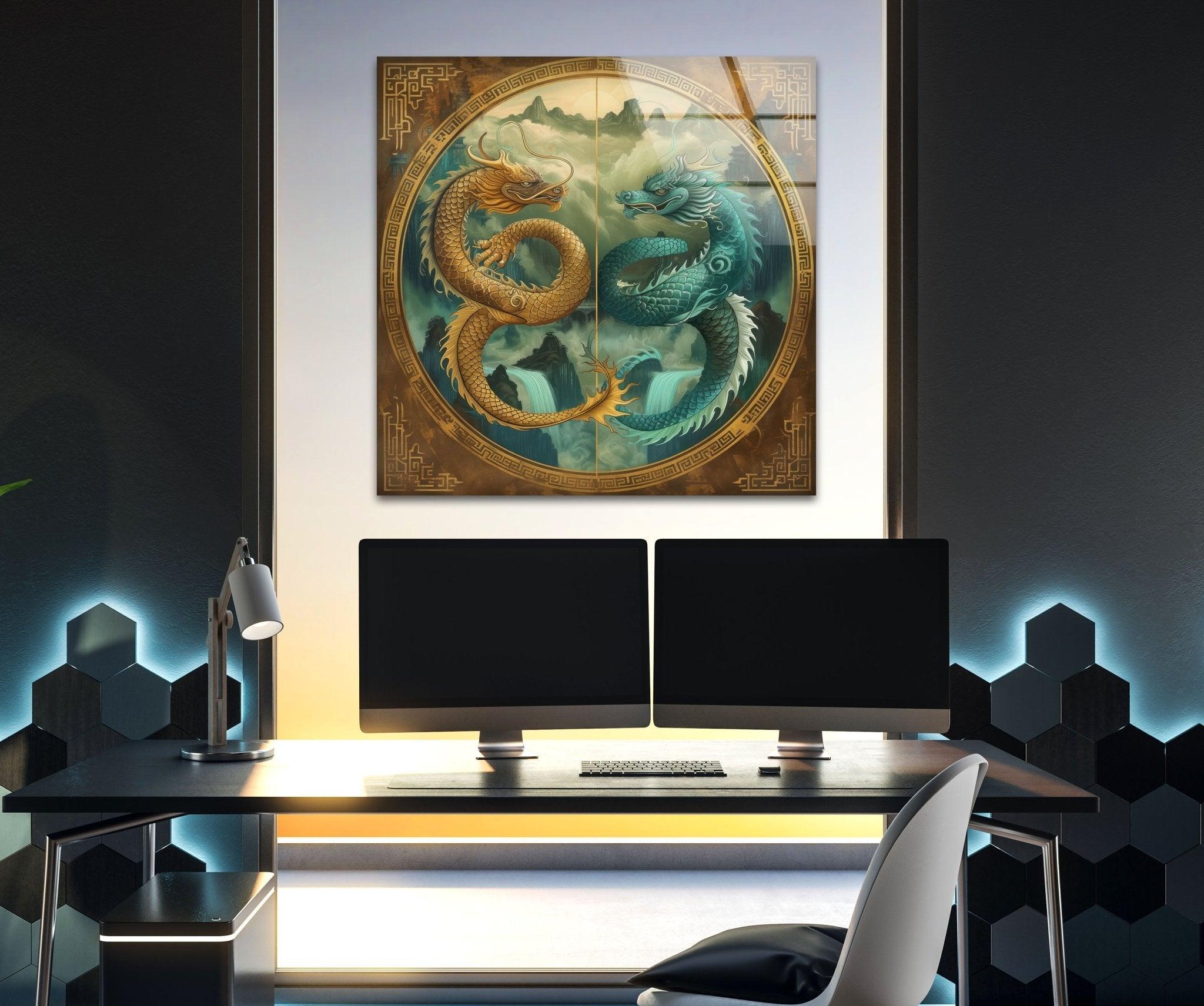 Ao Kuang & Ao Shun Chinese Dragon Glass Wall Art - Elegant Home Decor for Living Room, Bedroom, or Office