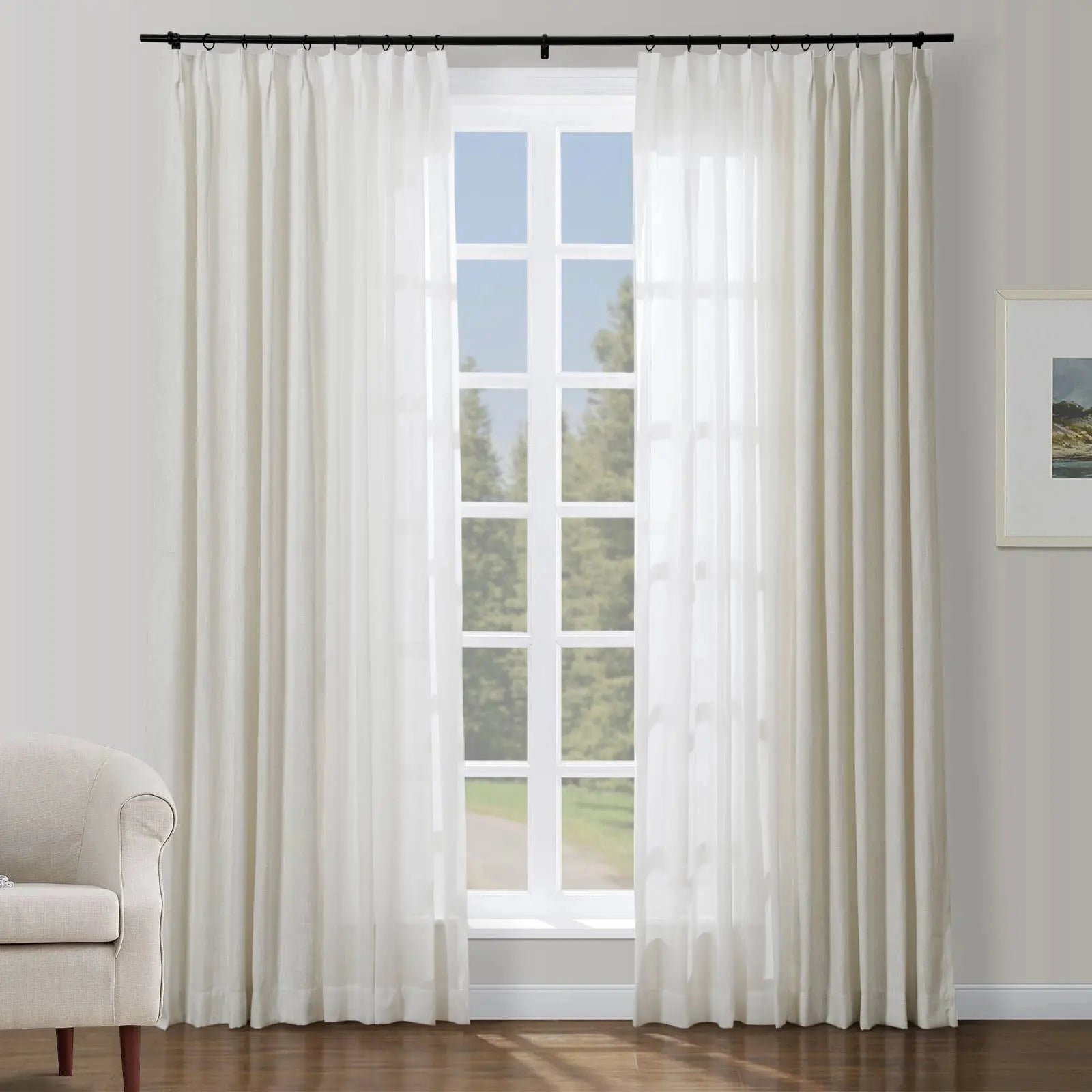 Half Linen Half Sheer Pleated Curtain Panels (Set of 2) - Elegant Window Drapes for Living Room, Bedroom & Dining Room Decor