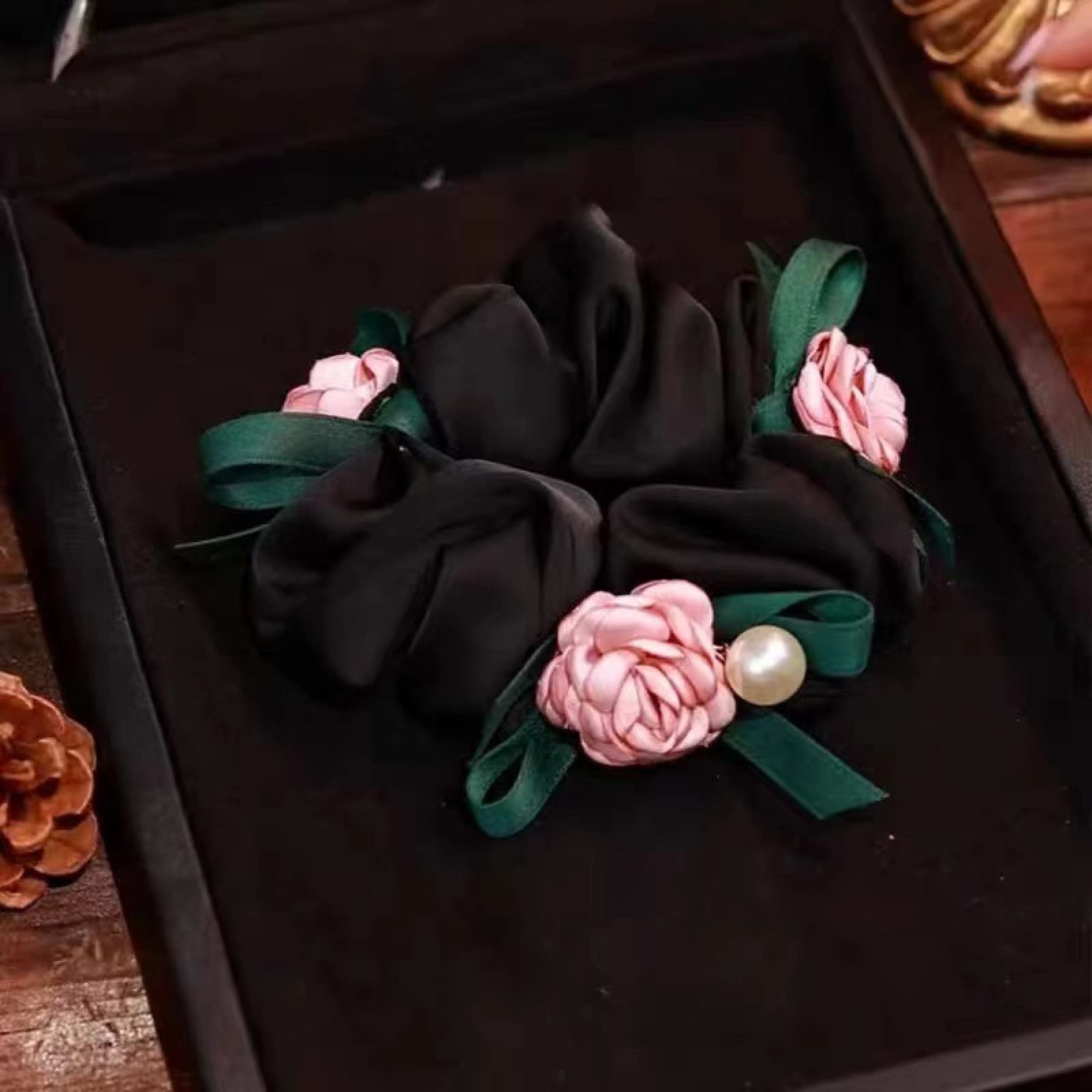 Soft Satin Scrunchies with Rose & Bead Accents - Elegant Hair Accessories for Women & Girls | Perfect for Parties, Weddings & Everyday Styling