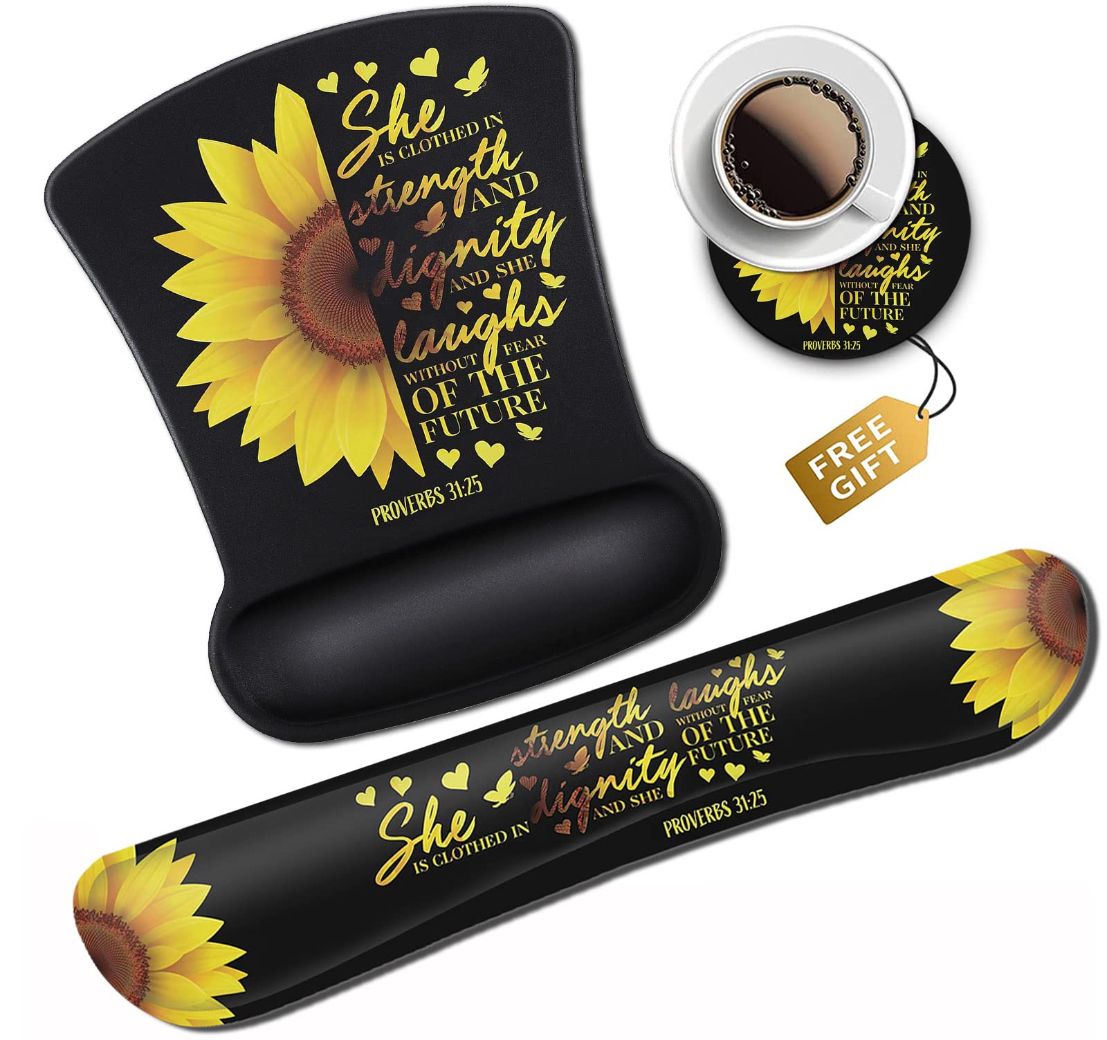 Ergonomic Memory Foam Mouse Pad & Keyboard Wrist Rest Set - Comfortable Support for Office, Home, Gaming & Laptop Use - Sunflower Christian Bible Verse Design (Black) - Perfect for Long Work Hours & PC Gaming Sessions