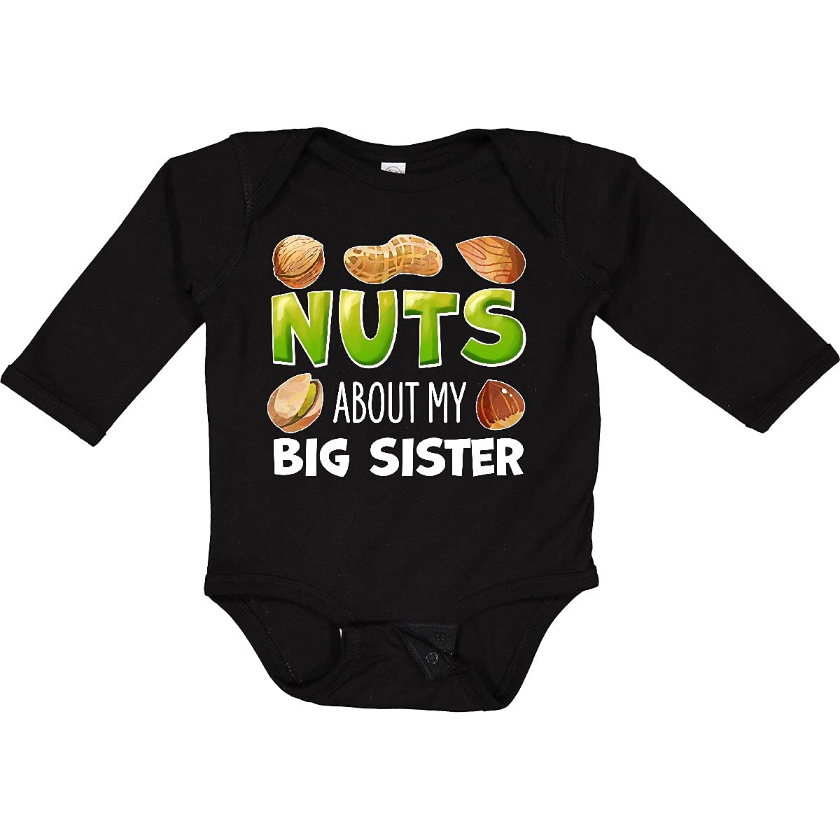 Inktastic Nuts About My Big Sister Peanut Almond Pistachio Long Sleeve Baby Bodysuit - Cute Sibling Matching Outfit for Family Photos & Special Occasions
