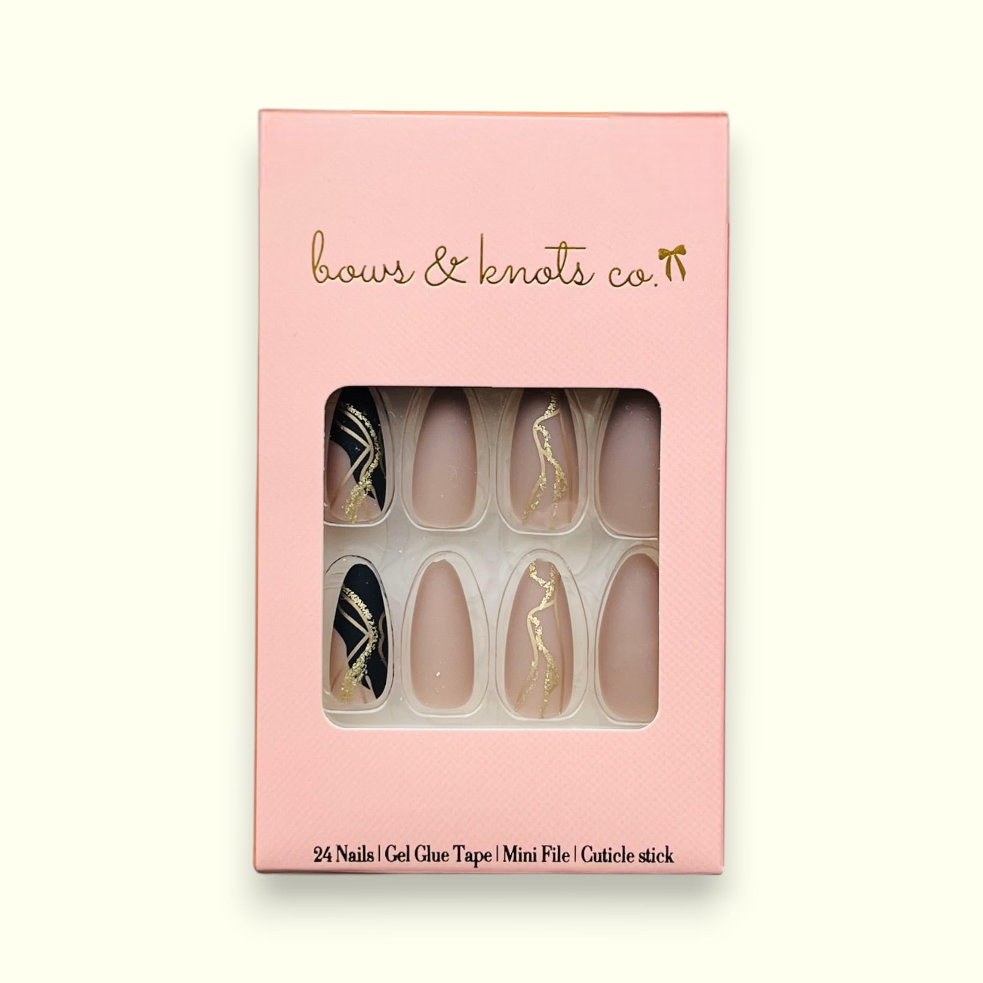 Bows And Knots Press On Nails Kit - 24 Fake Nails with Gel Glue, Nail Tape, Mini File & Manicure Stick in Beige Noir | Perfect for Parties, Weddings & Special Occasions