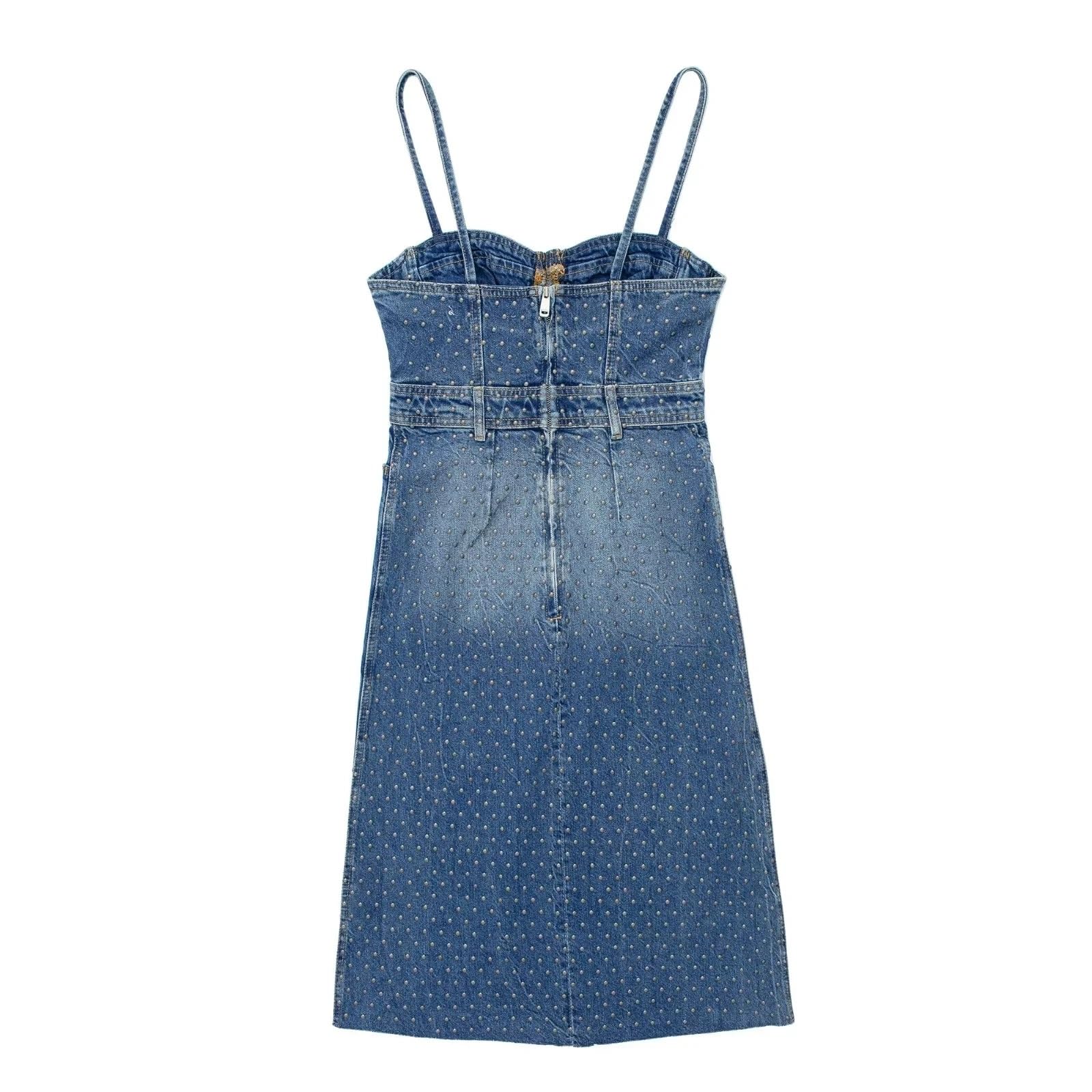 Women's Denim Corset Midi Dress - Sleeveless Backless Studded Summer Dress for Casual Wear | Perfect for Beach Parties, Date Nights & Summer Outings