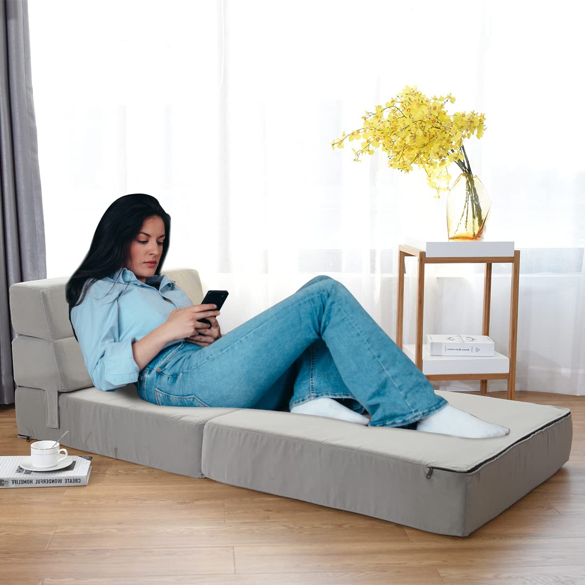 Casart Tri-Fold Memory Foam Sofa Bed - Portable Folding Sleeper with Washable Cover, Padded Cushion Guest Chaise Lounge (Gray) - Perfect for Small Spaces, Guest Rooms & Apartments